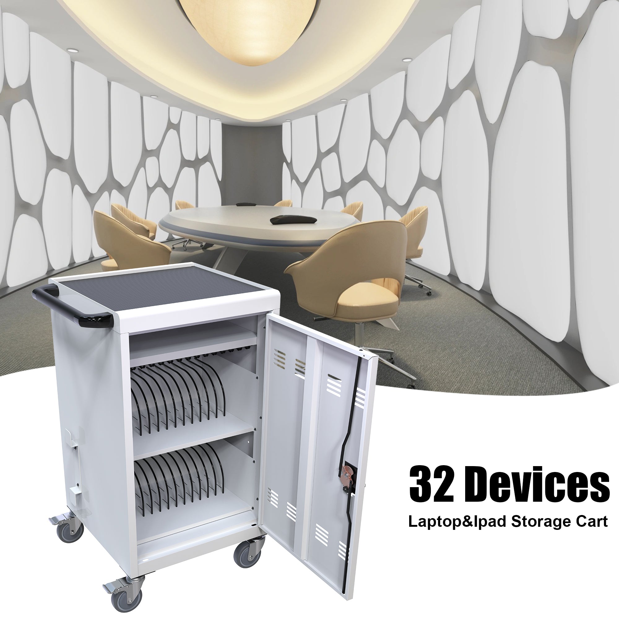 30+2 Bay Mobile School Charging Cart Station for Chromebook, Tablet and Laptop Computer with Power Strip Included - White - G