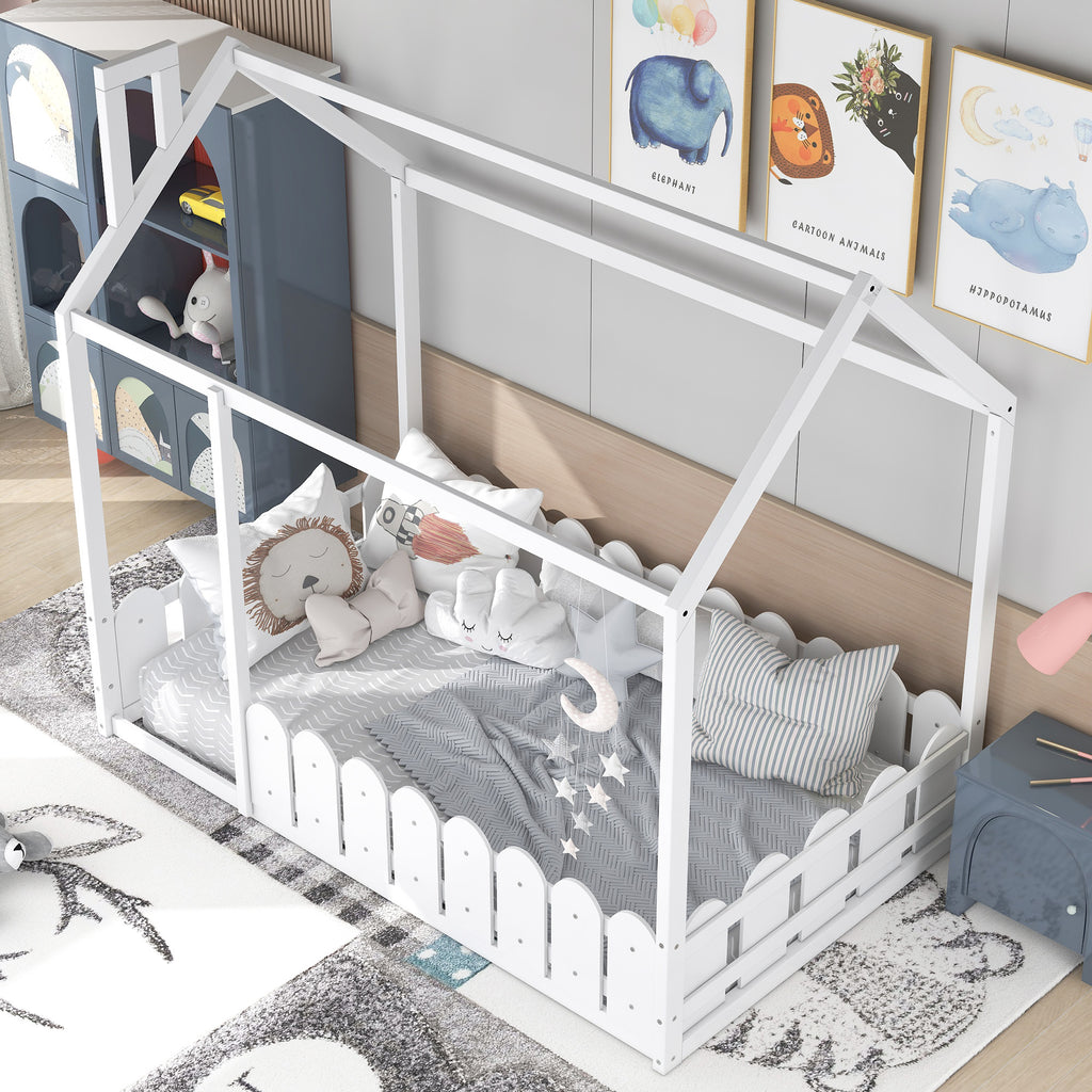 {Slats are not included}Twin Size Wood Bed House Bed Frame with Fence,for Kids,Teens, Girls,Boys {White}{OLD SKU:WF194274AAK} - Grand Goldman Shop