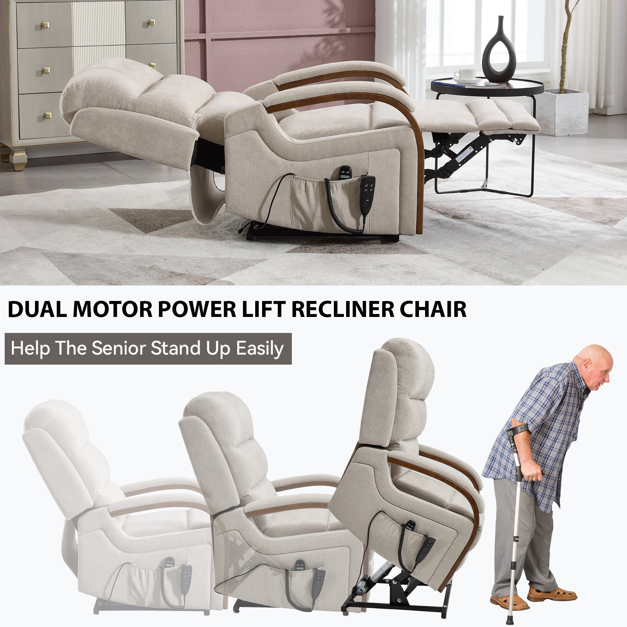 Power Beige Chenille Lift Recliner Chair Dual Motor Infinite Position Up to 350 LBS with Solid Wood Armrests, Heat Massage and Heavy Duty Motion Mechanism - Grand Goldman Shop