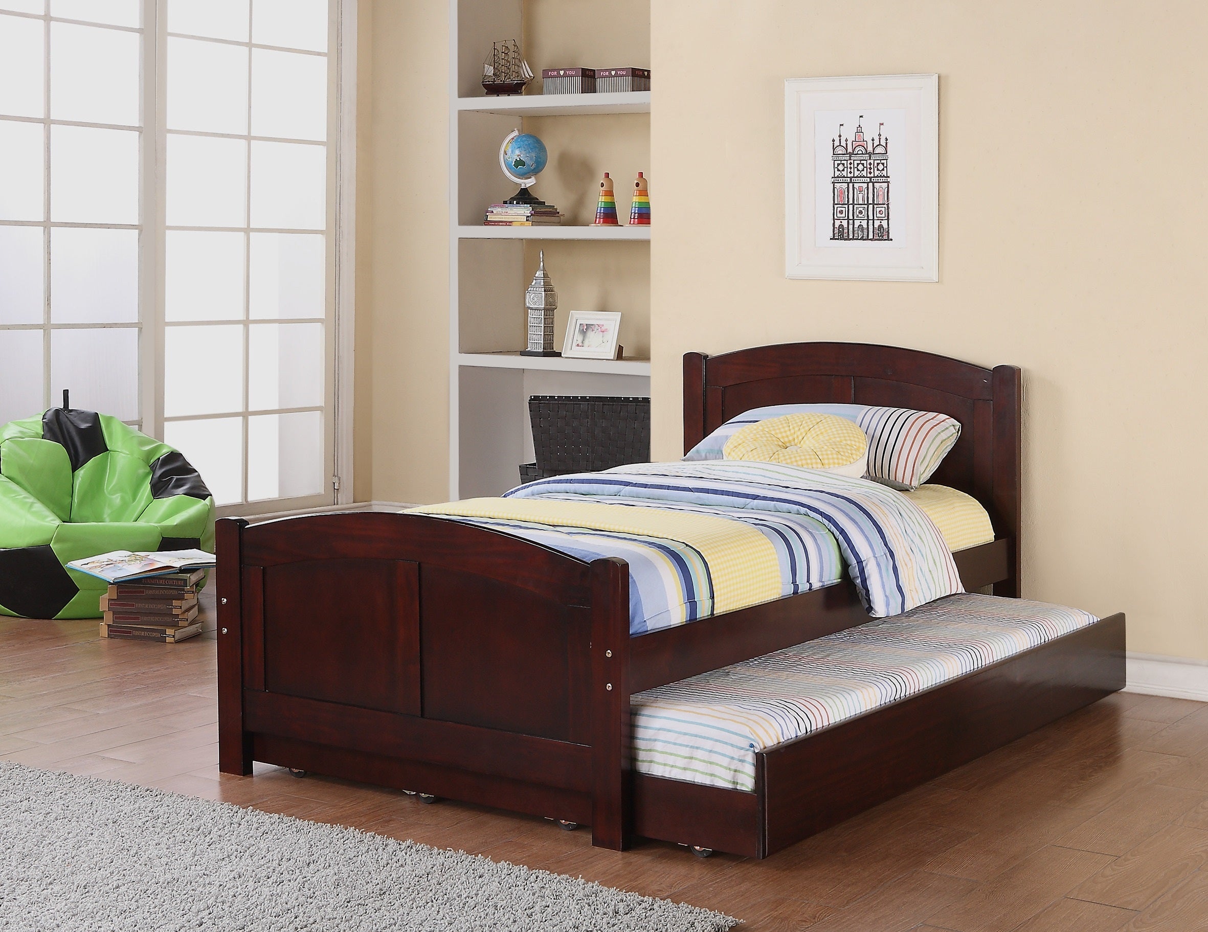 Twin Size Bed w/ Trundle Slats Dark Cherry Pine Plywood Kids Youth Bedroom Furniture - Grand Goldman