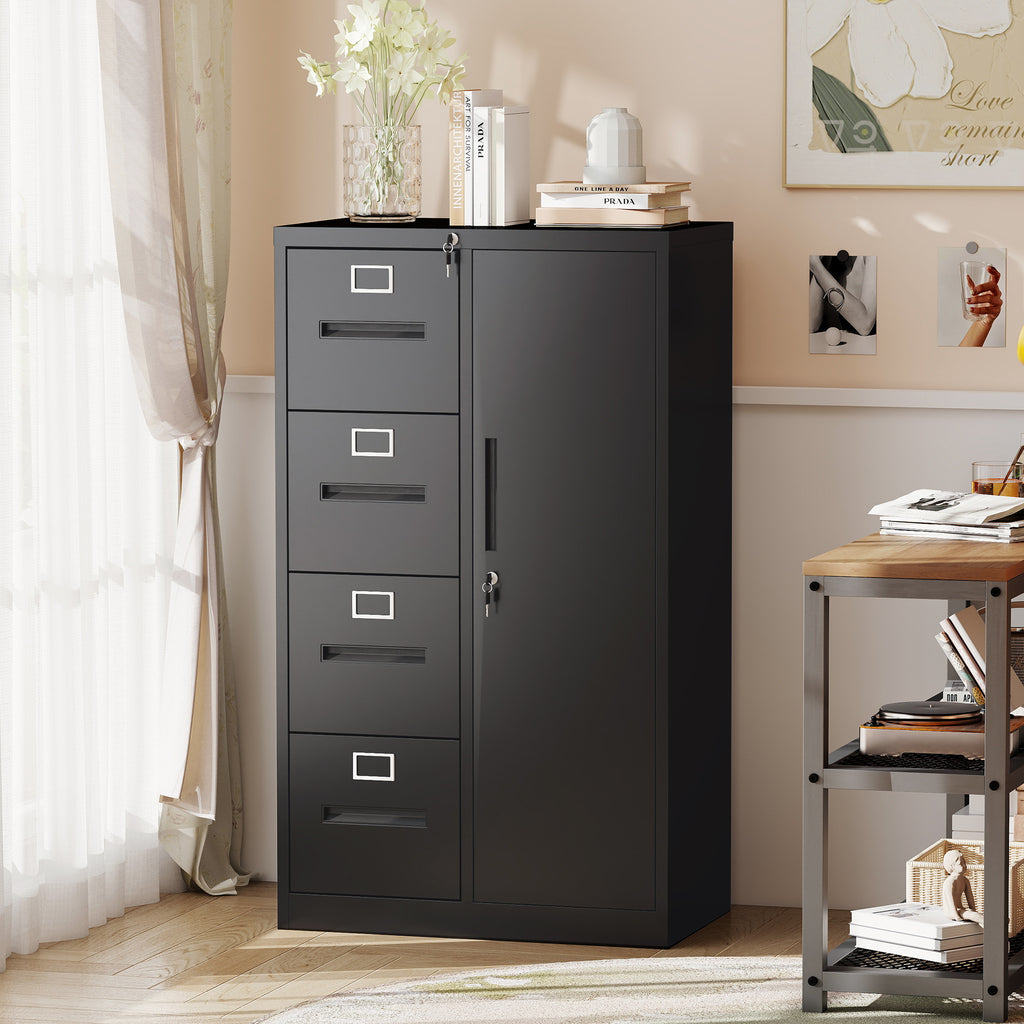 Metal Storage Vertical Filing Cabinet with Lock, Steel File Locker with 4 Drawers and 1 door for School, Living Room, Bedroom