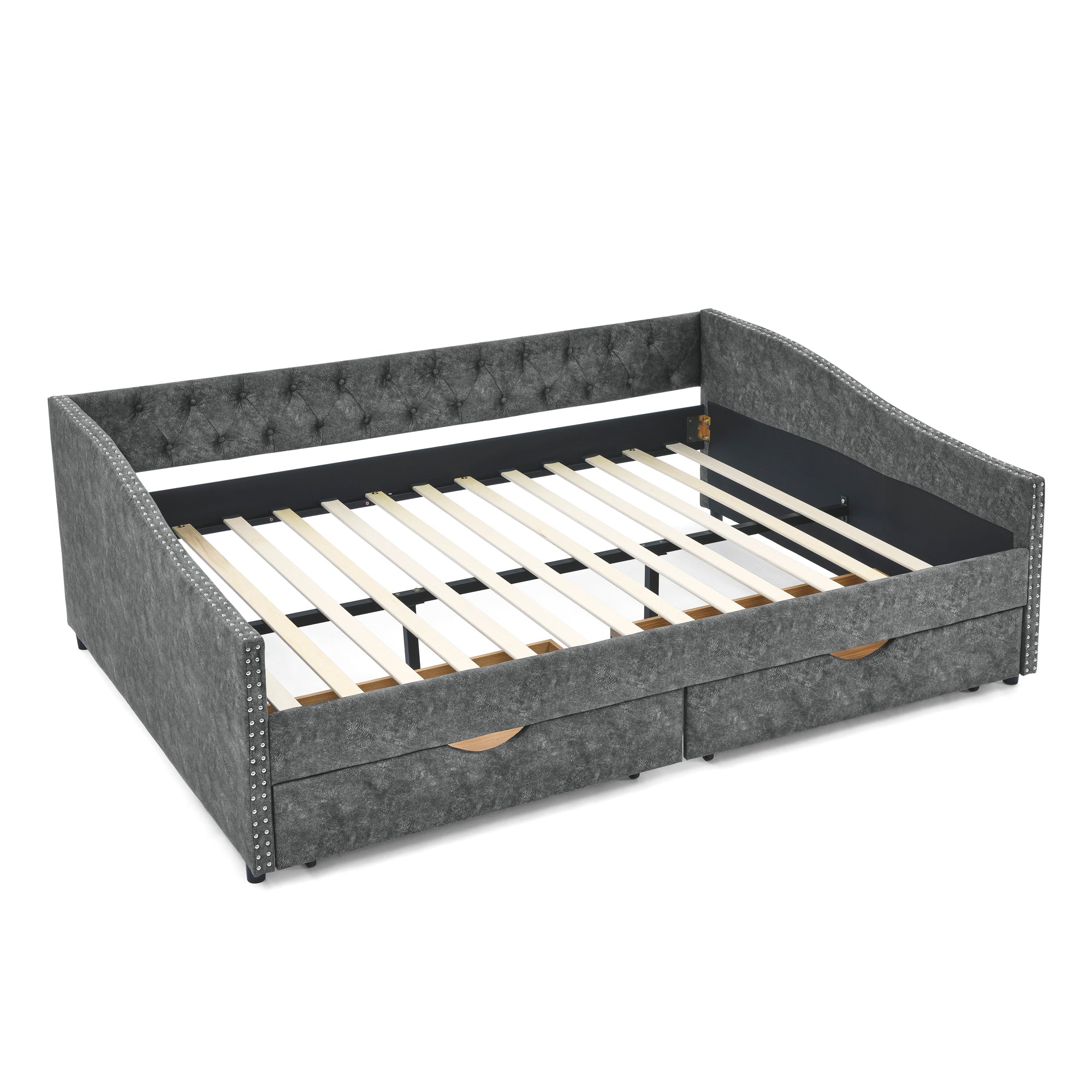 Mid-Century Grey Upholstered Tufted Daybed with Drawers and Copper Nail Trim, Queen Size (84.5'x63.5'x26.5') - Grand Goldman Shop