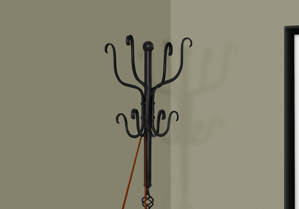 Coat Rack, Hall Tree, Free Standing, 8 Hooks, Entryway, 74'h, Bedroom, Black Metal, Transitional - Grand Goldman Shop