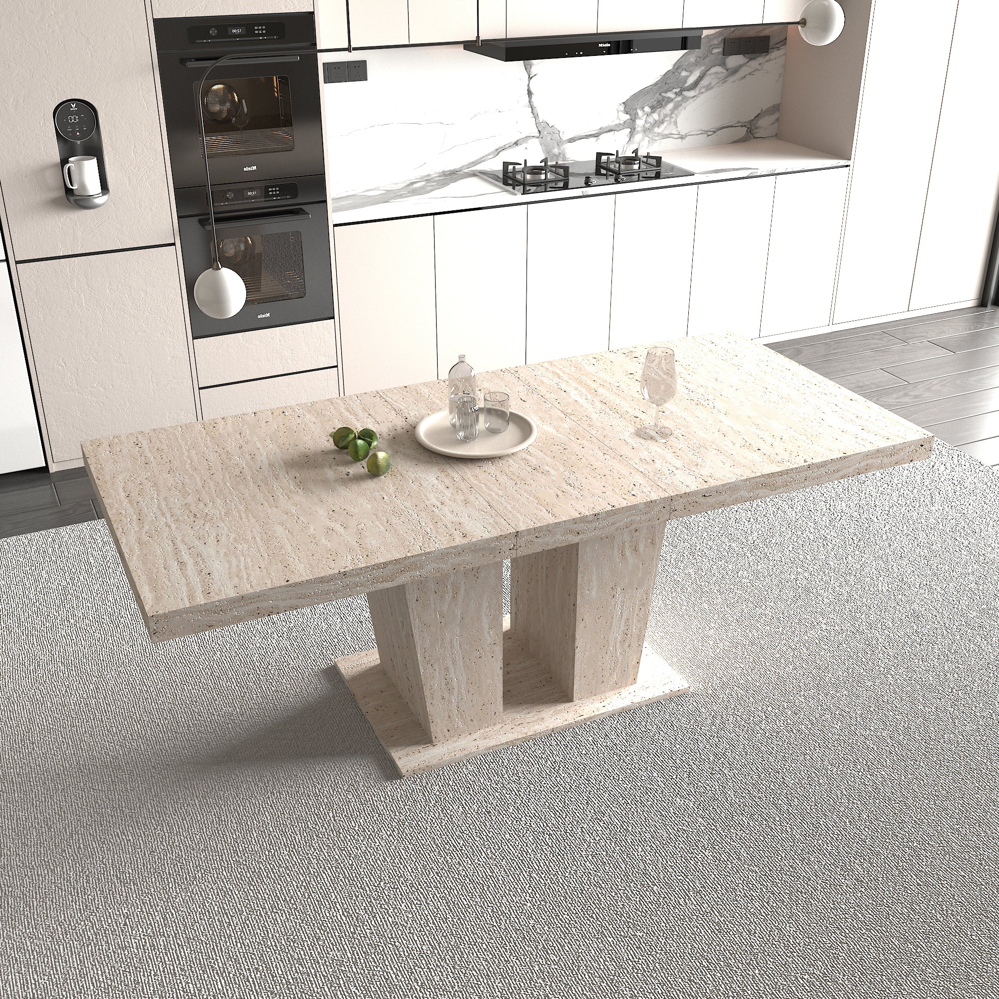 Rectangular extendable dining table, suitable for 6-10 people, with veined travertine pattern, dimensions 160-200 cm, simple and elegant. - Grand Goldman Shop