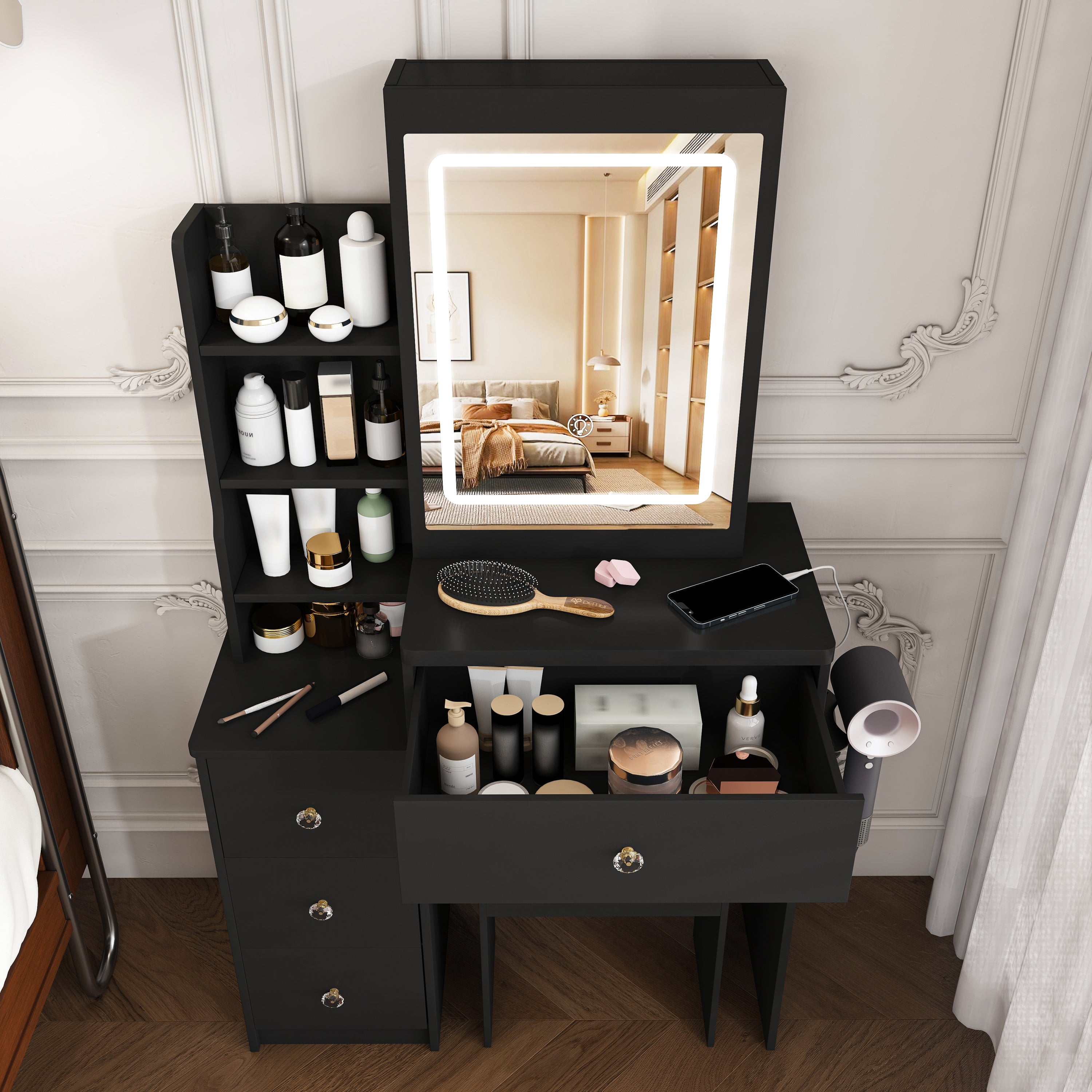 Modern Vanity Desk with 3 LED Lighting Modes, 4 Drawers, Open Shelves, Hair Dryer Holder & Power Socket, Black MDF Dressing Table Set with Chair - Grand Goldman Shop