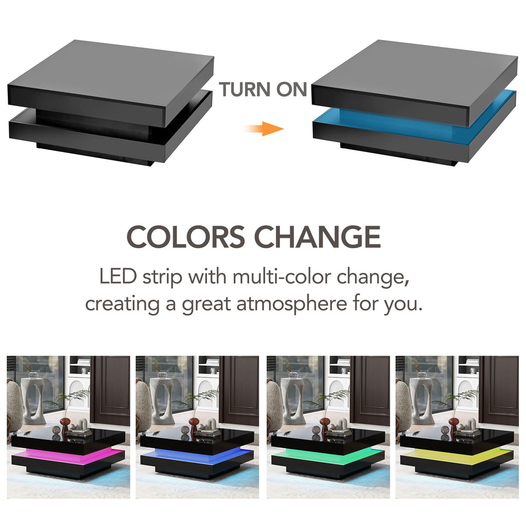 ON-TREND High Gloss Minimalist Design with LED Lights, 2-Tier Square Coffee Table, Center Table for Living Room, 31.5''x31.5''x14.2'',Black - Grand Goldman Shop