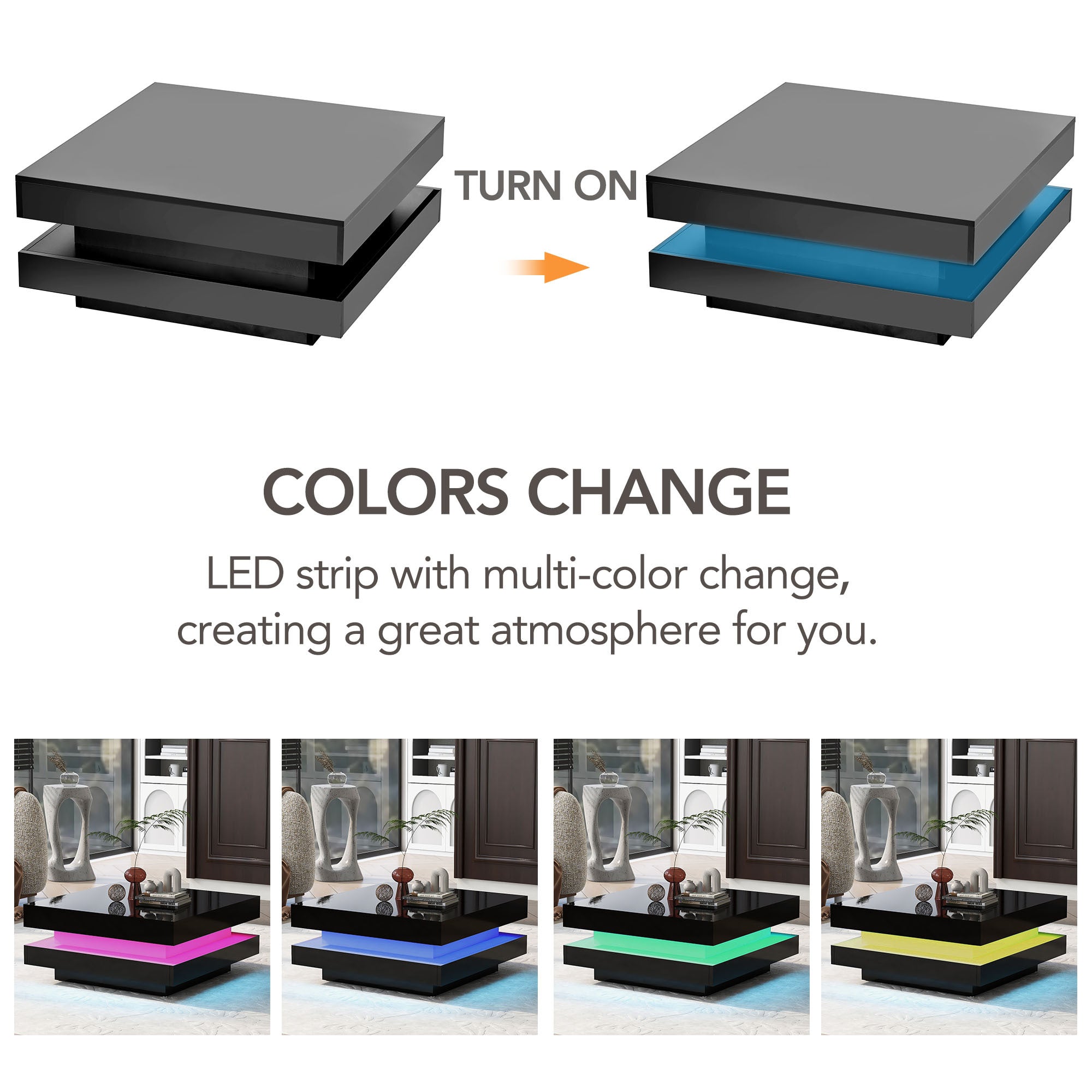 ON-TREND High Gloss Minimalist Design with LED Lights, 2-Tier Square Coffee Table, Center Table for Living Room, 31.5''x31.5''x14.2'',Black - Grand Goldman Shop