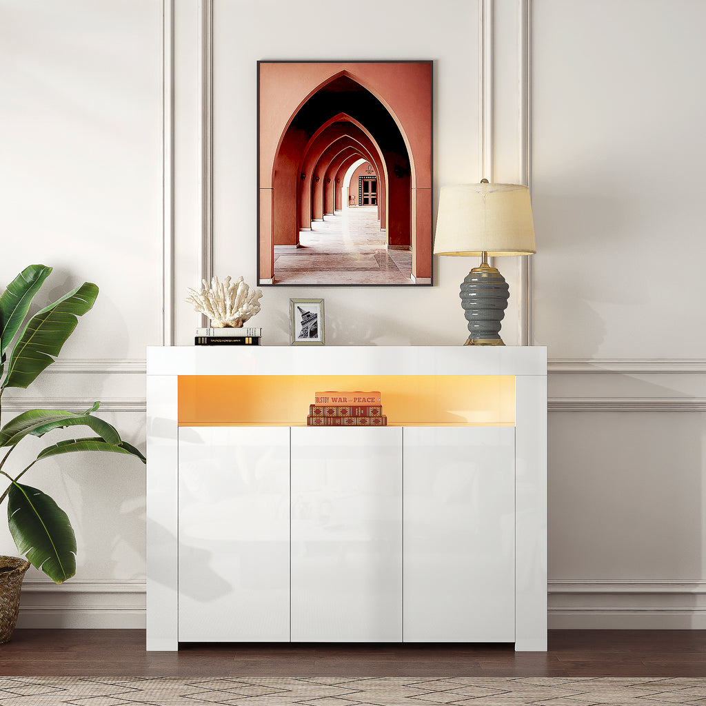 Living Room Sideboard Storage Cabinet WHITE  High Gloss with LED Light, Modern Kitchen Unit Cupboard Buffet Wooden Storage Display Cabinet TV Stand with 3 Doors for Hallway Dining Room - Grand Goldman Shop