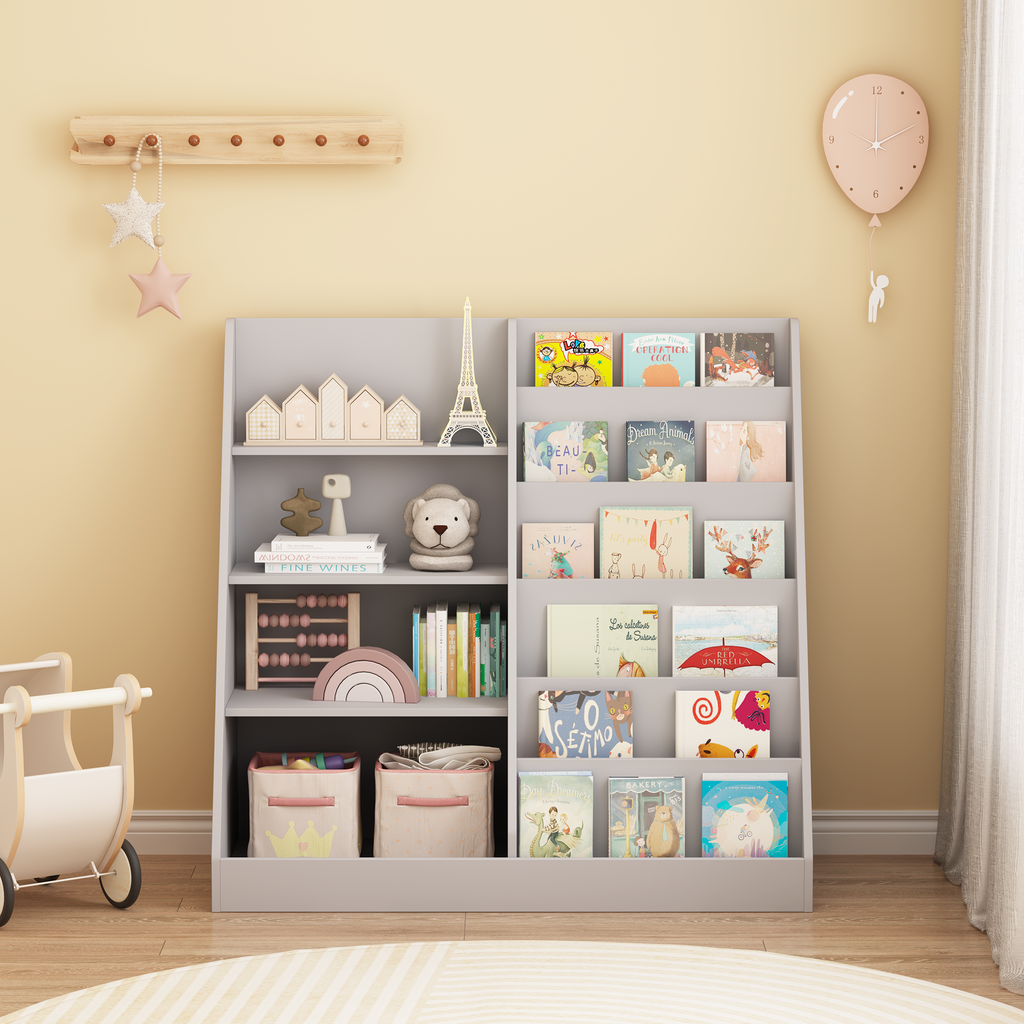 Kids Bookshelf and Toy Storage Organizer, 4-Tier Wooden Bookcase with Display Stand in Gray MDF for Nursery, Playroom, or Chi