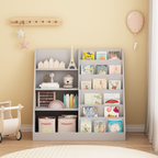 Kids Bookshelf and Toy Storage Organizer, 4-Tier Wooden Bookcase with Display Stand in Gray MDF for Nursery, Playroom, or Chi