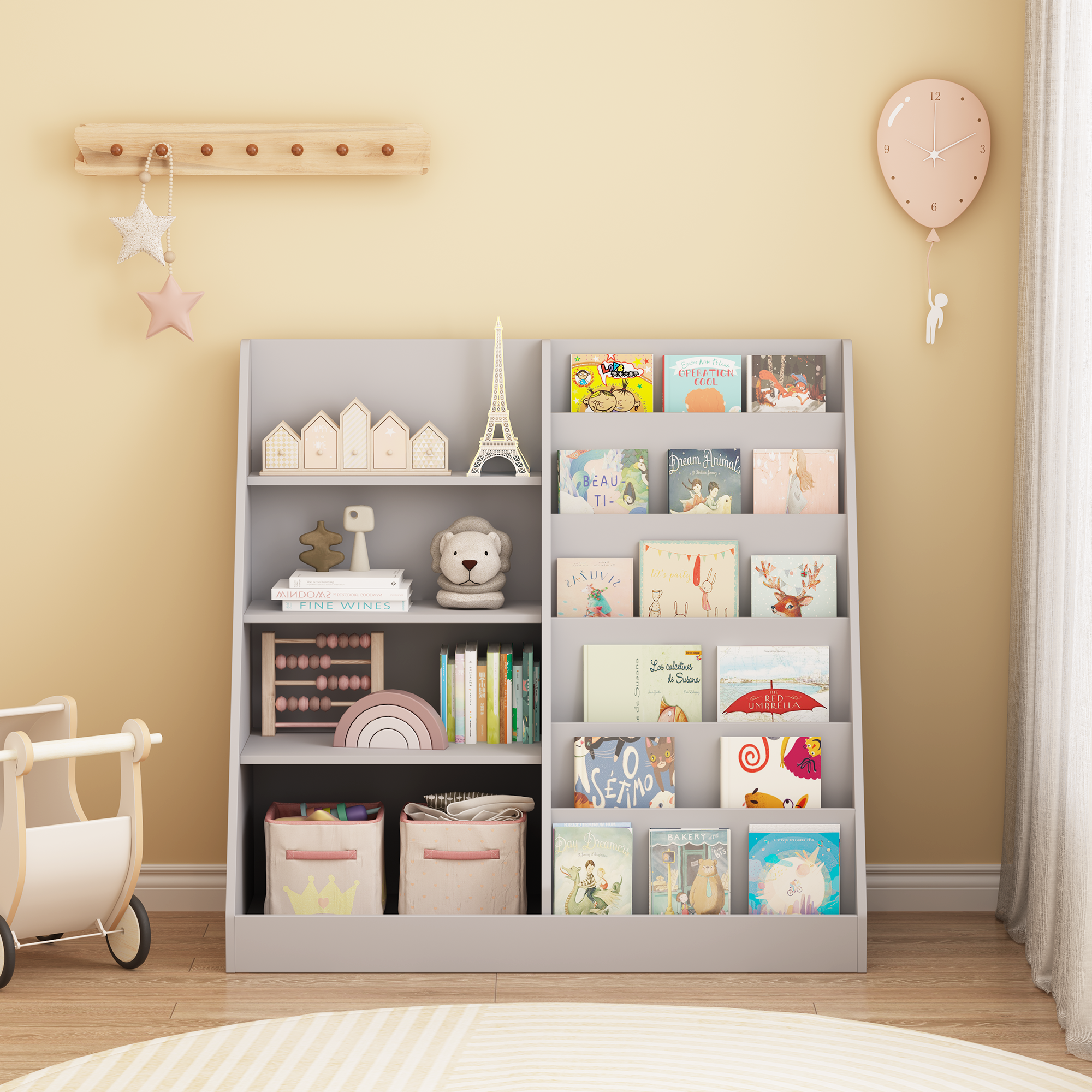 Kids Bookshelf and Toy Storage Organizer, 4-Tier Wooden Bookcase with Display Stand in Gray MDF for Nursery, Playroom, or Chi