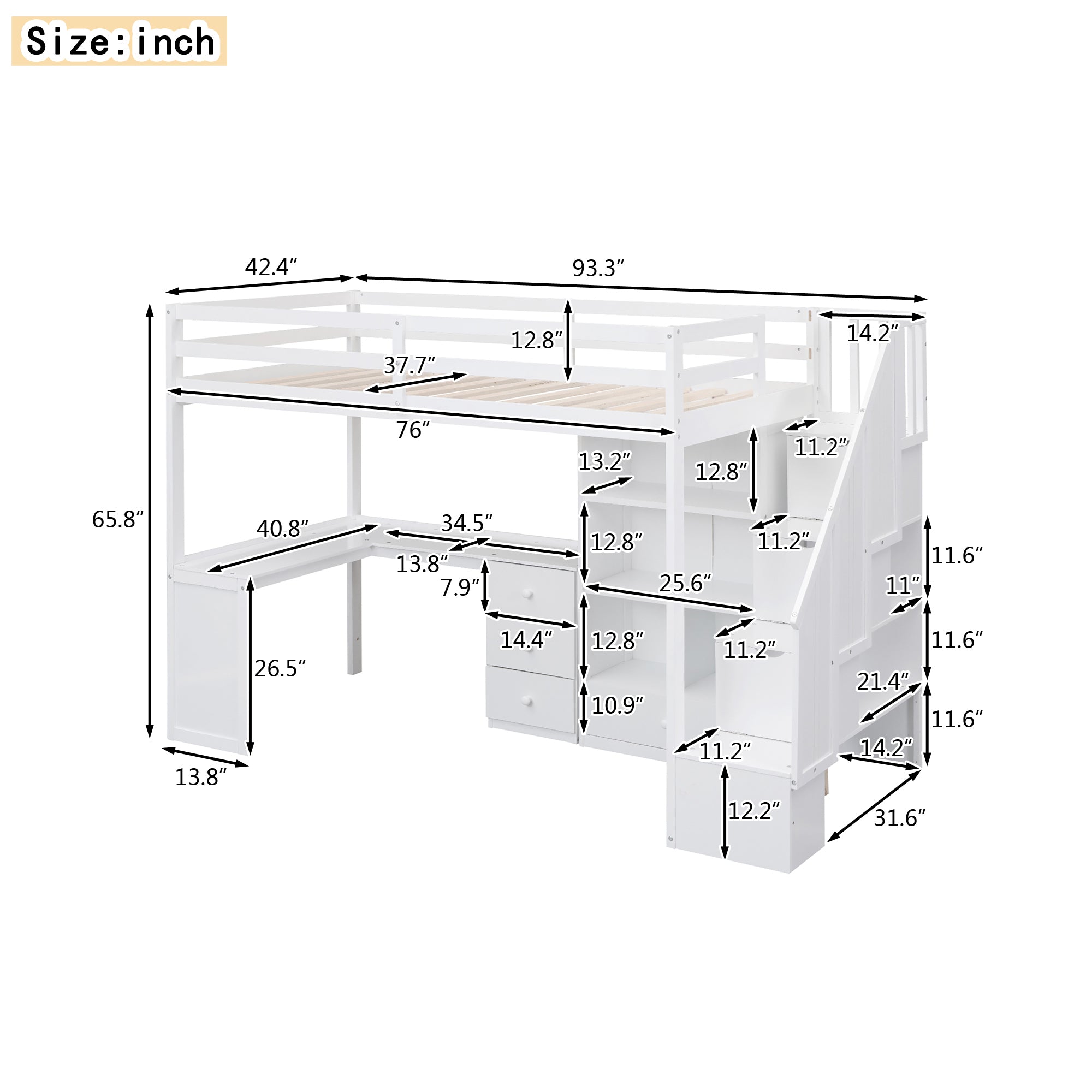 White Twin Size Loft Bed with L-Shaped Desk, Drawers, Cabinet, and Storage Staircase - Pine Wood & MDF - Grand Goldman Shop