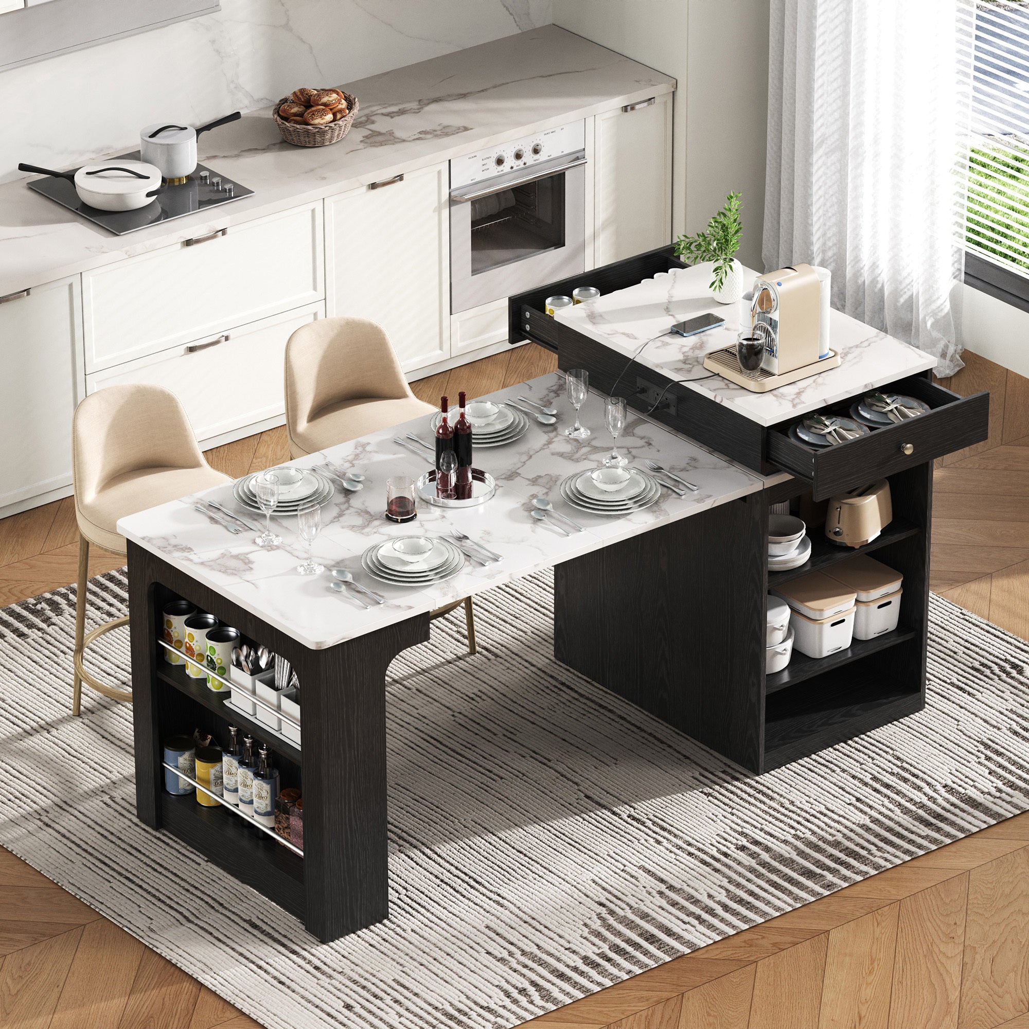 K&K 59.5' Kitchen Island with Extendable Dining Table, Kitchen Storage Table with Double-sided Storage, Kitchen Island with 2 Drawers, Power Outlet, Side Open Shelves, for Kitchen, Dining Room, Black - Grand Goldman Shop