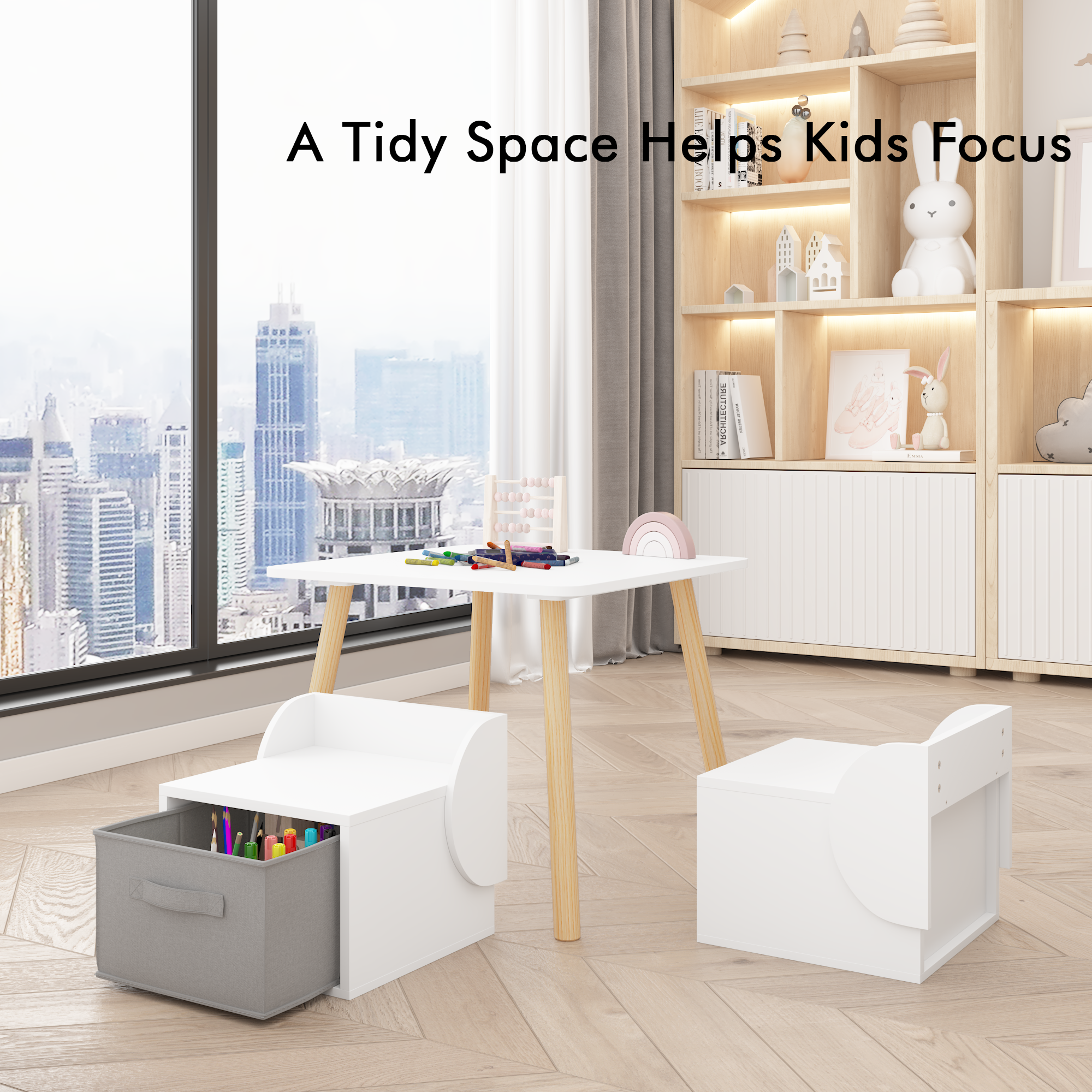 Kids Table and 2 Chair Set with Storage Bins, 3-Piece Toddler Activity Play Table for Arts & Crafts, Reading, Drawing, Wooden