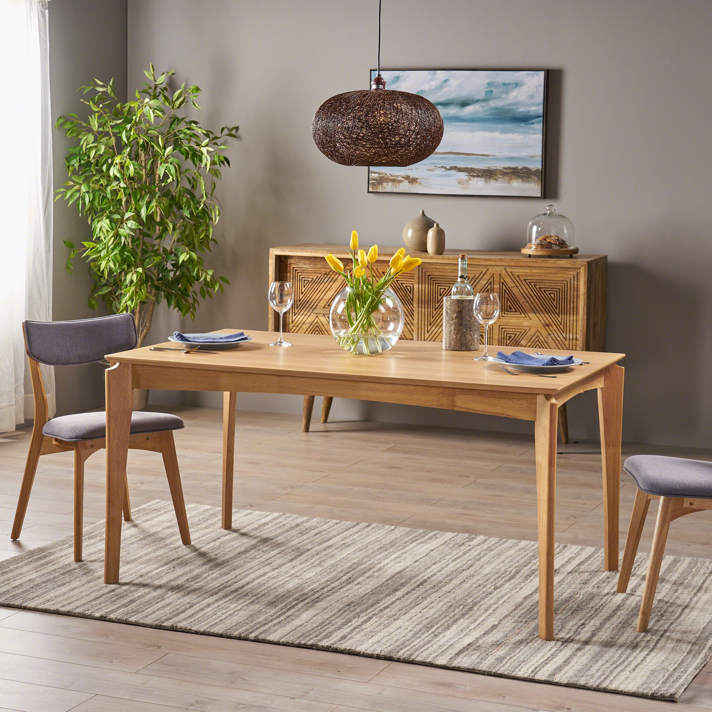Mid-Century Dining Table, Rubberwood with Walnut Veneer, Natural Oak Finish, - Grand Goldman Shop