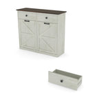 Farmhouse Barn Door Style Double Tilt Out Trash Cabinet for 20 Gallon Cans with Free Standing Recycling and Laundry Storage, Antique White & Brown Woodgrain - Grand Goldman Shop