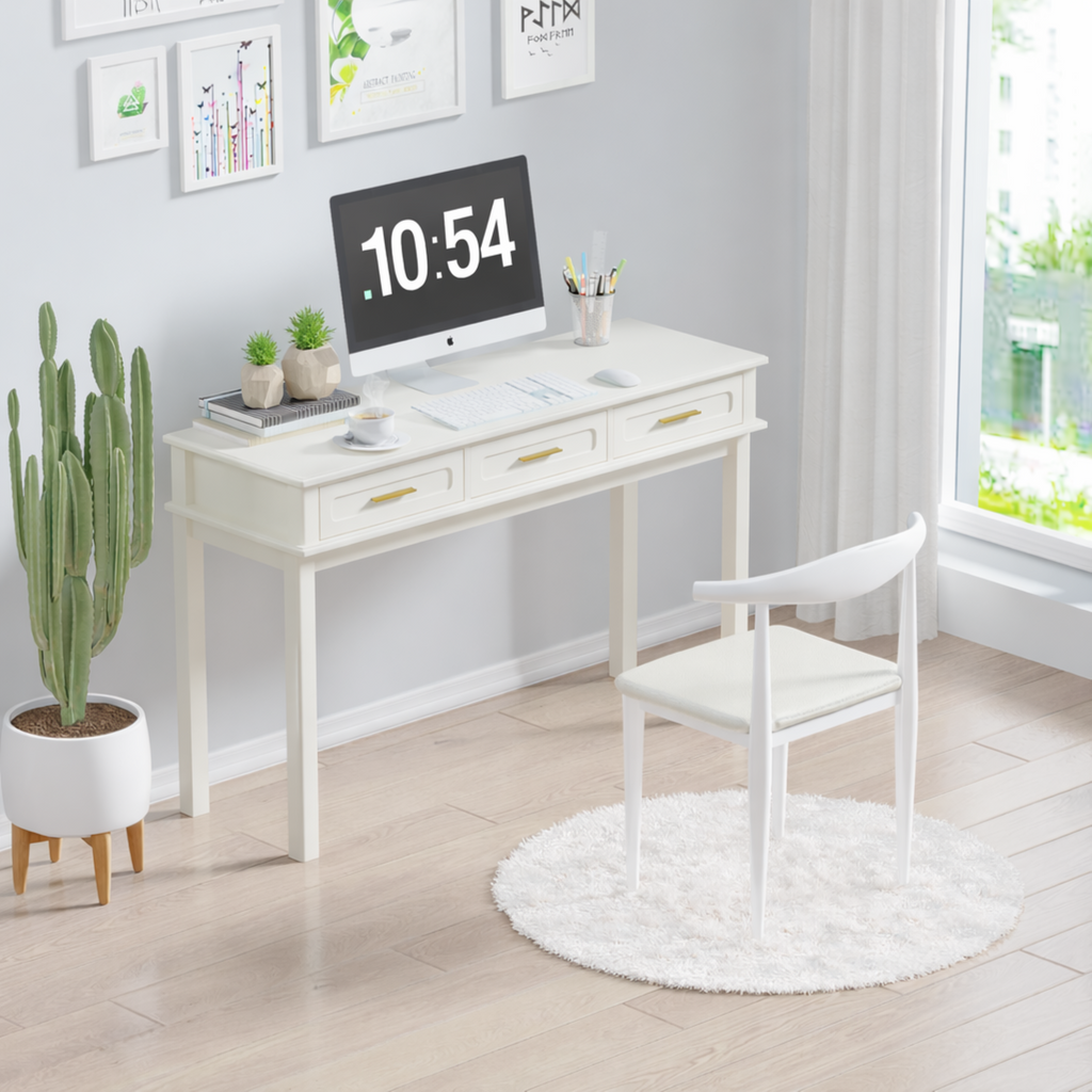 Cream White Vanity Desk with 3 Drawers, Modern Makeup Table or Writing Desk, Multipurpose Dressing Table for Bedroom, No Mirror Included - Grand Goldman Shop