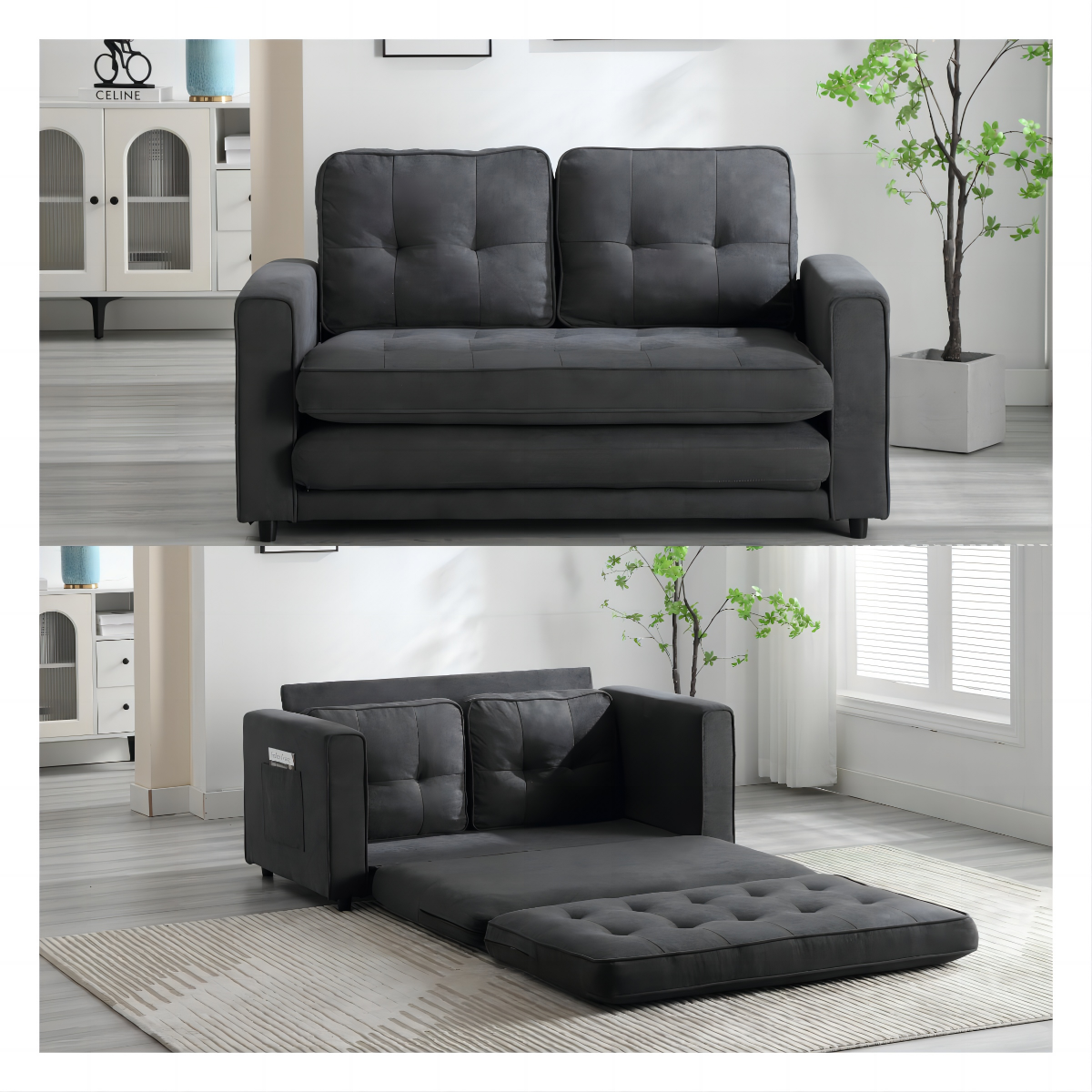 3 Fold Sofa,Convertible Futon Couch sleeper sofabed,Space saving loveseat,Pull Out Couch Bed for Living Room,Dark Gray & Light Gray & Beige,Velvet linen fabric - Grand Goldman Shop