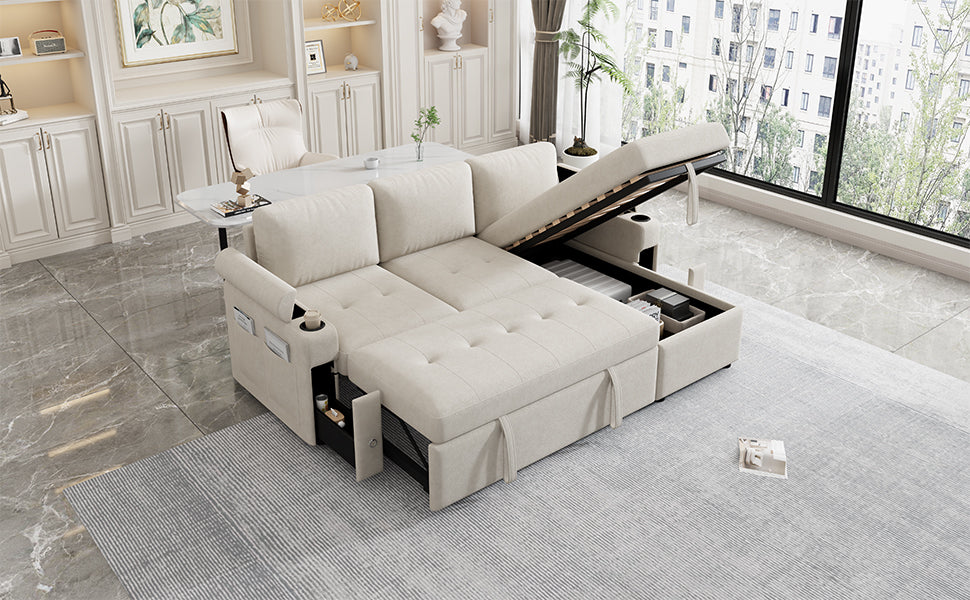 Convertible L-shaped Beige Sofa Couch with Storage, Cup Holders, USB Ports, Chenille Fabric - Grand Goldman Shop