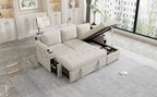 Convertible L-shaped Beige Sofa Couch with Storage, Cup Holders, USB Ports, Chenille Fabric - Grand Goldman Shop
