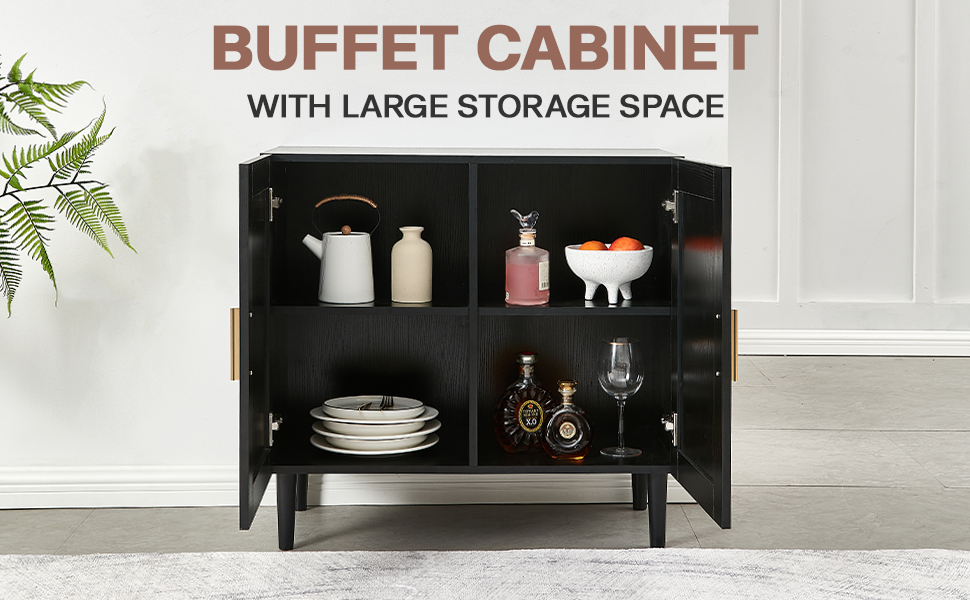 Side panel buffet cabinet with natural rattan door, rattan storage cabinet with adjustable shelves, side panel and buffet with storage space, modern console cabinet in bedroom and living room - Grand Goldman Shop