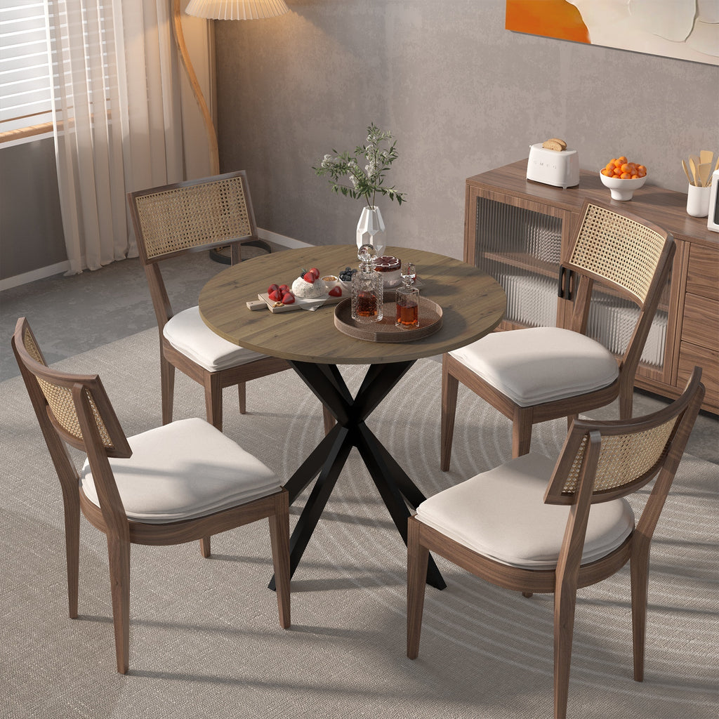Modern 31.5 Inch Round Dining Table in Rustic Brown with Black Metal Legs, MDF Top for 2-4 People, Compact Kitchen or Dining Room Table - Grand Goldman Shop