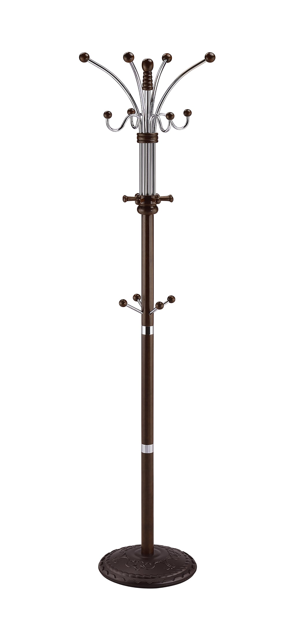 73' Tall Chrome and Wood Coat Rack, Espresso finish - Grand Goldman Shop