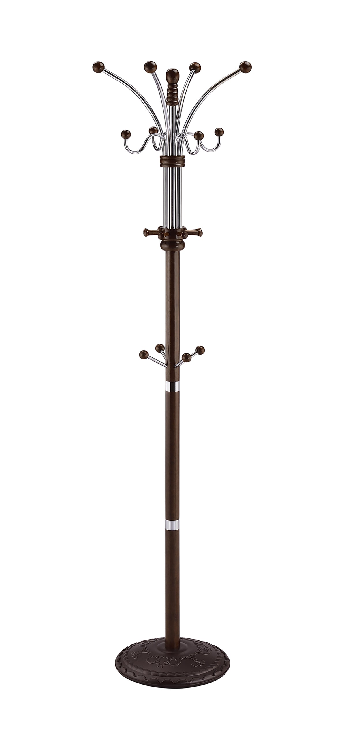 73' Tall Chrome and Wood Coat Rack, Espresso finish - Grand Goldman Shop