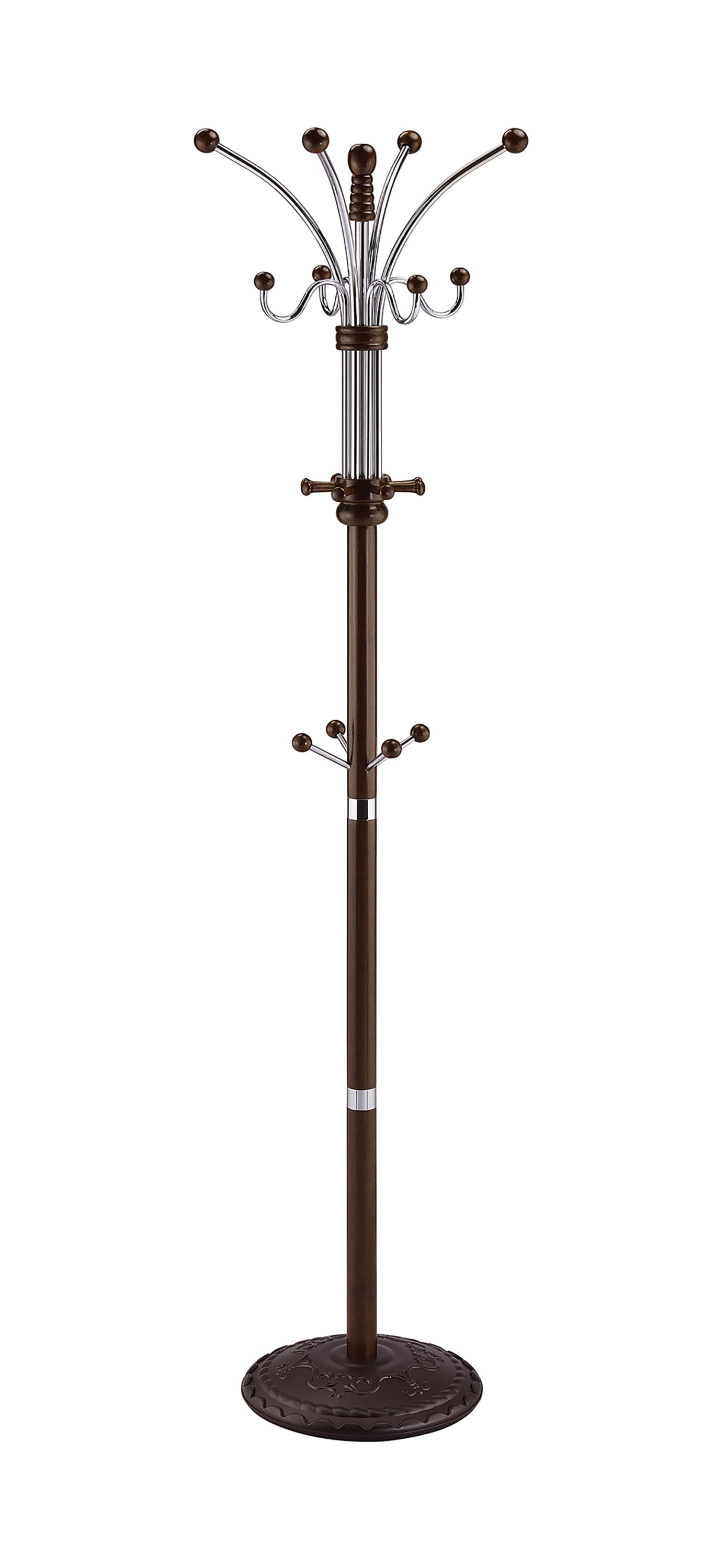73' Tall Chrome and Wood Coat Rack, Espresso finish - Grand Goldman Shop