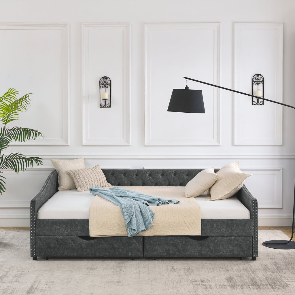 Mid-Century Grey Upholstered Tufted Daybed with Drawers and Copper Nail Trim, Queen Size (84.5'x63.5'x26.5') - Grand Goldman Shop
