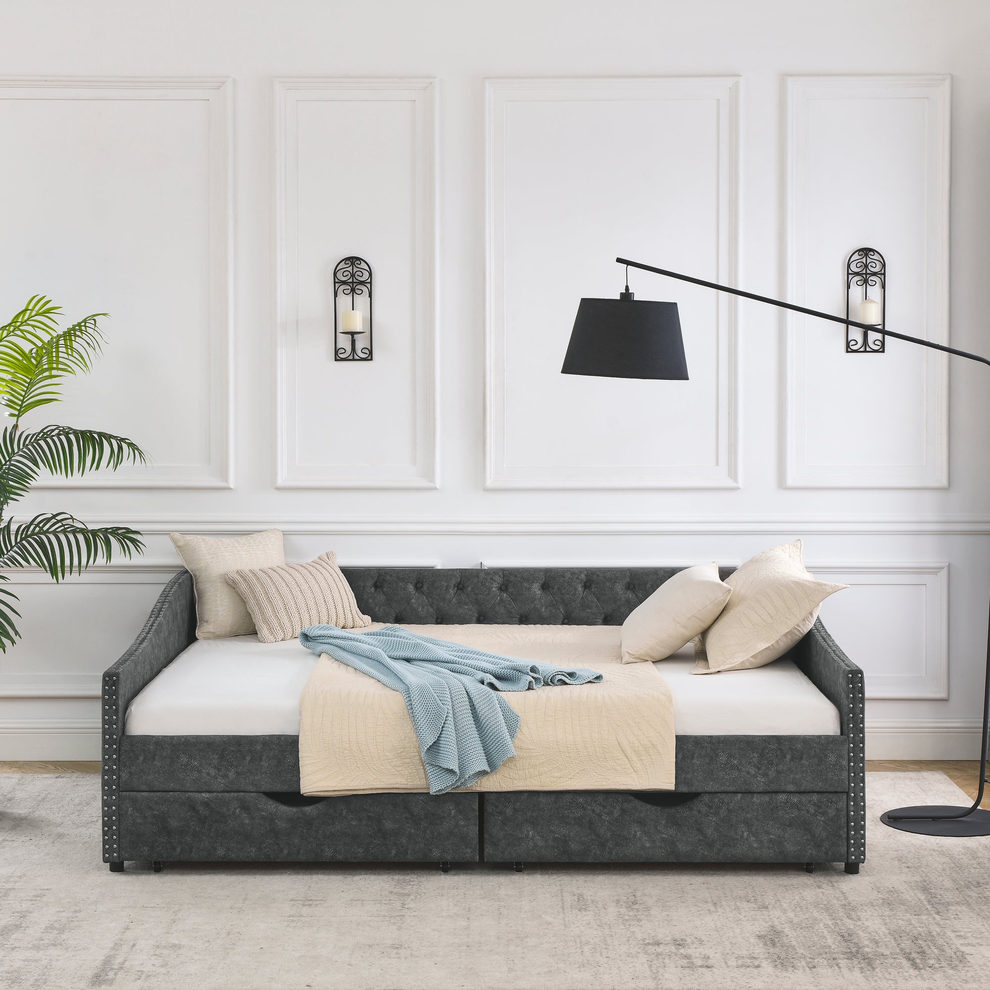 Mid-Century Grey Upholstered Tufted Daybed with Drawers and Copper Nail Trim, Queen Size (84.5'x63.5'x26.5') - Grand Goldman Shop