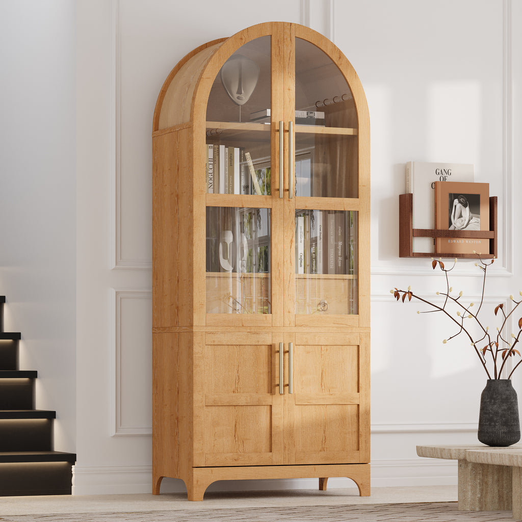 K&K 71' Tall Arched Kitchen Pantry Cabinet with Door Shelves, Farmhouse Kitchen Storage Cabinet with Open & Adjustable Shelves, Hidden Drawer & Glass Door, Cupboard for Kitchen, Dining Room, Natural - Grand Goldman Shop