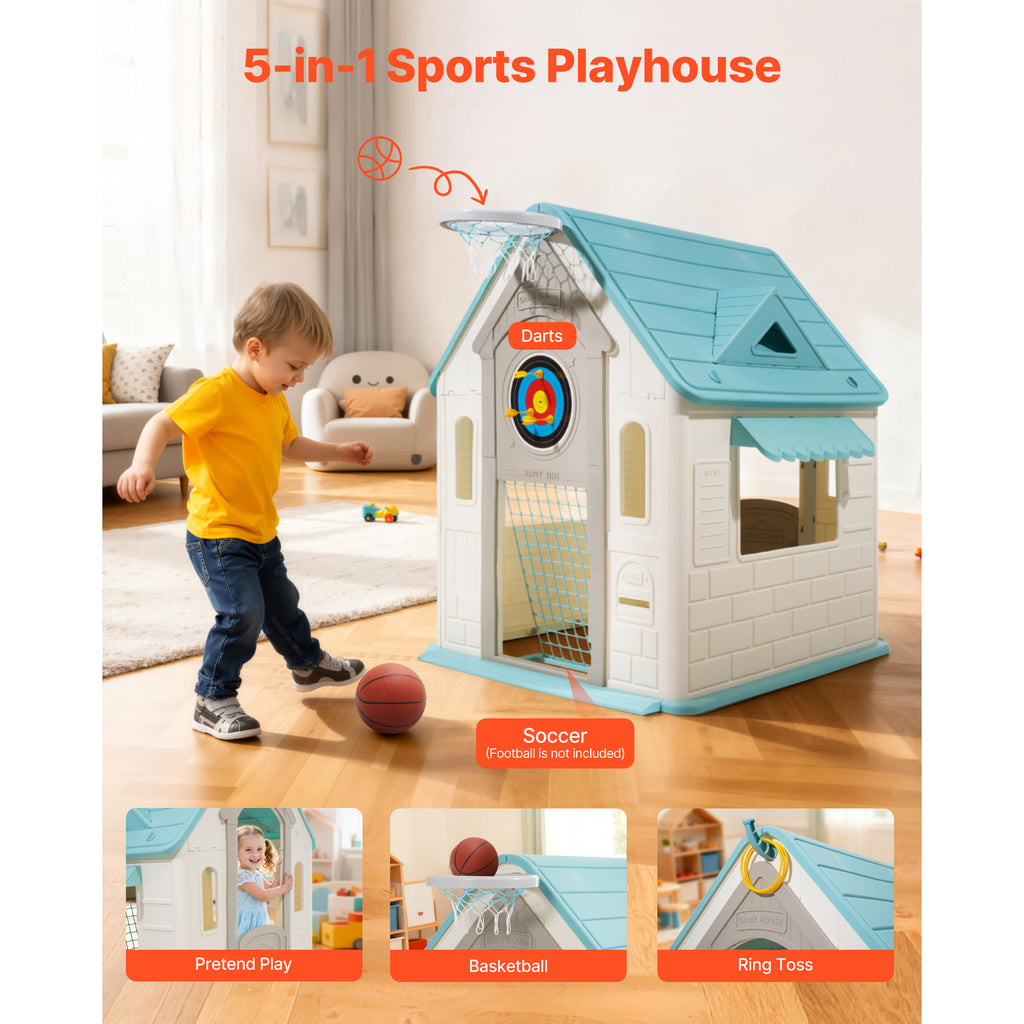 Outdoor Playhouse, 5-In-1 Cottage Play House with Pretend Play, Basketball, Darts, Soccer, Ring Toss, Window & Convenient Doo