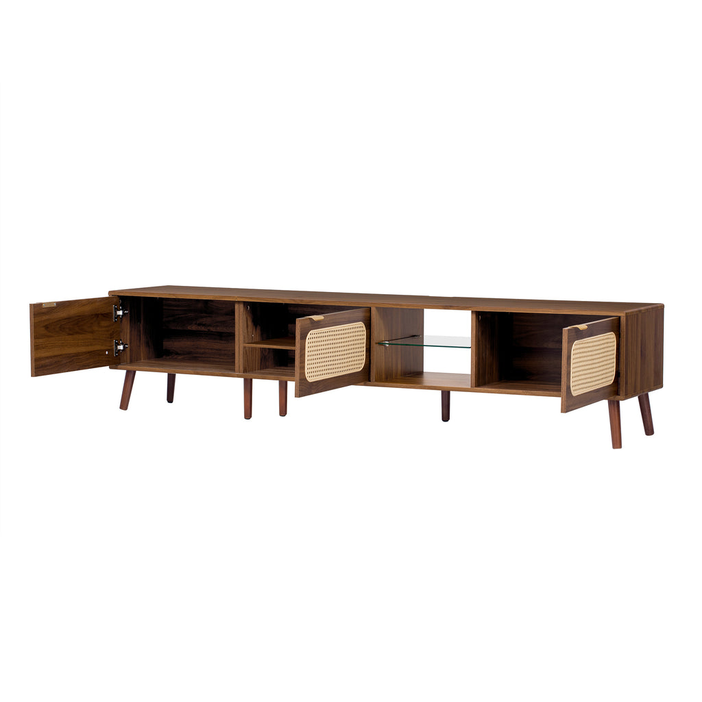 78' TV Stand for 75/80/85 inch TV with Walnut Finish, Ample Storage and Open Shelving in Solid Wood and Glass - Grand Goldman Shop