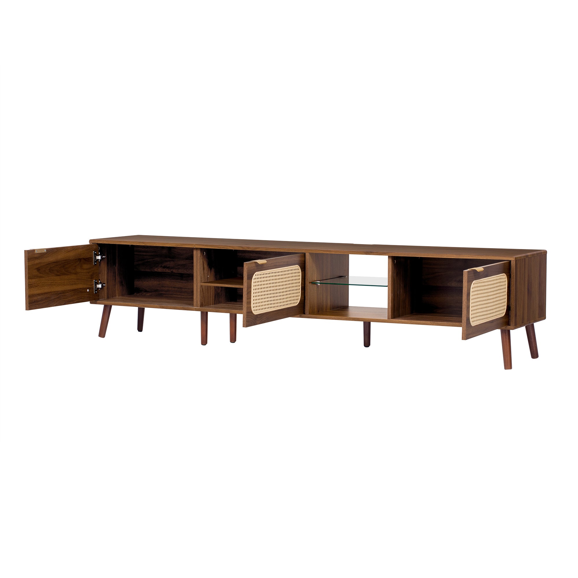 78' TV Stand for 75/80/85 inch TV with Walnut Finish, Ample Storage and Open Shelving in Solid Wood and Glass - Grand Goldman Shop