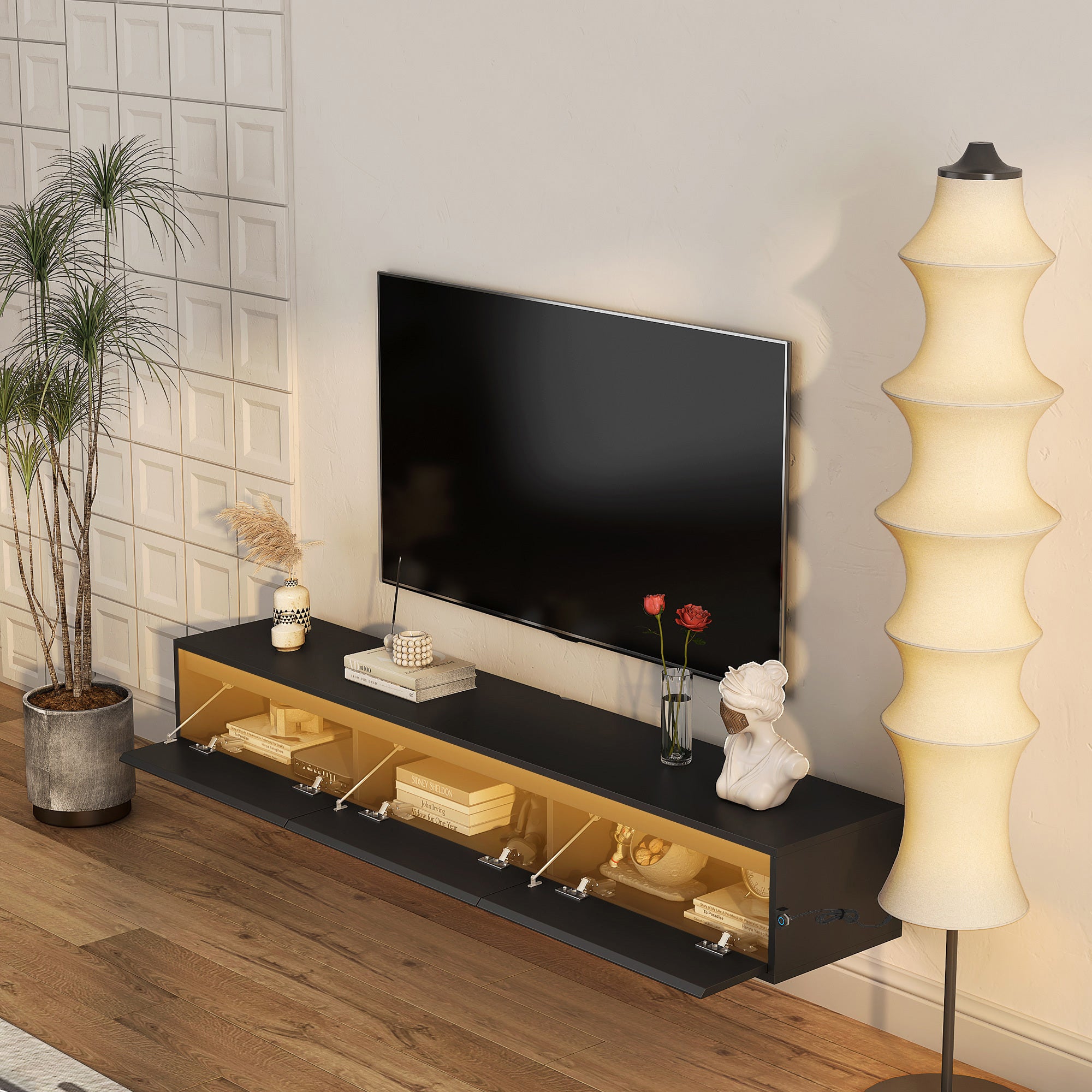 Floating TV Stand, Wall Mounted TV Shelf with Led Lights & Power OutletTV Cabinet for Black tv Stands for Living Room - Grand Goldman Shop