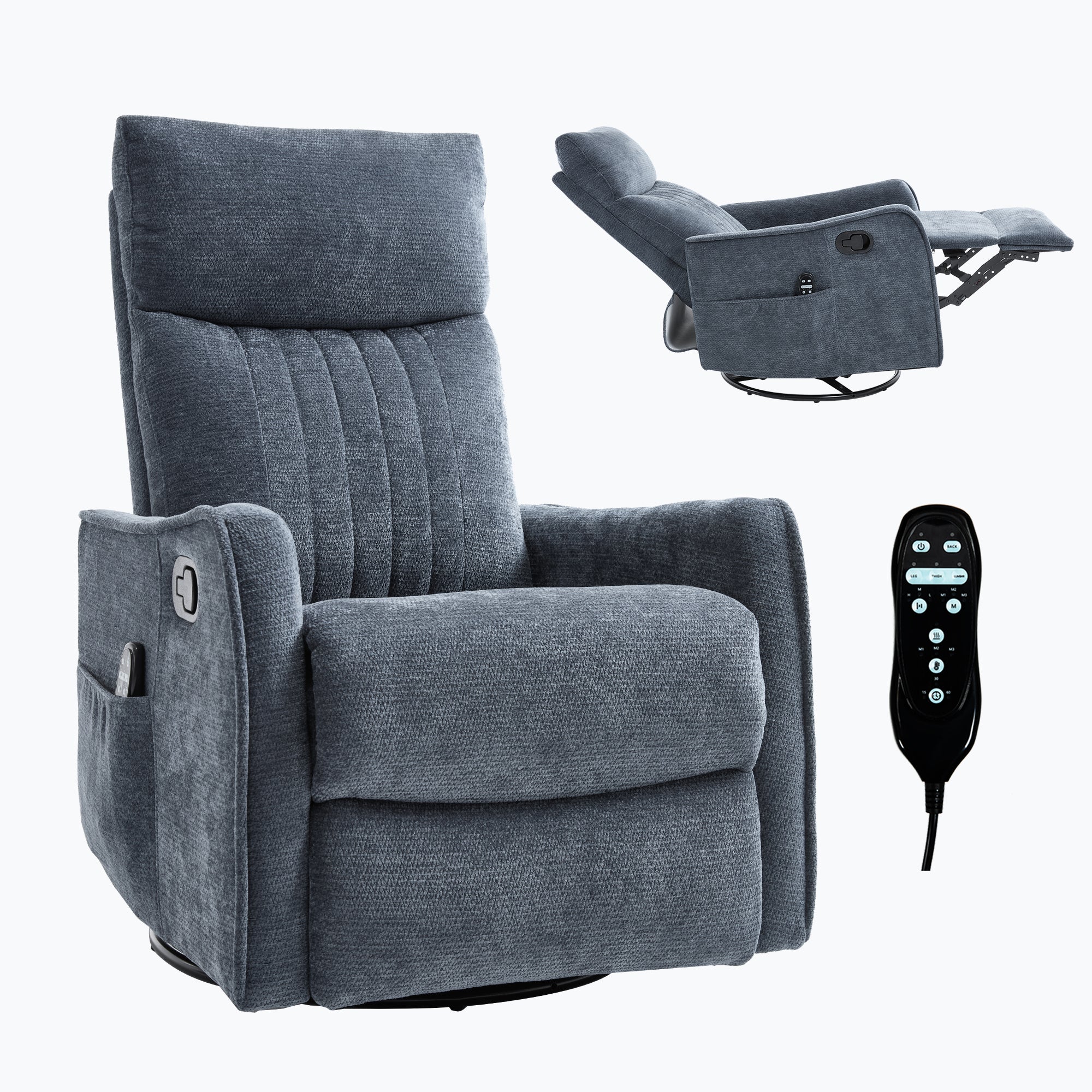 Blue Heat Massage Manual Recliner Chair with Rocker and Swivel in Fabric for Living Room - Grand Goldman Shop