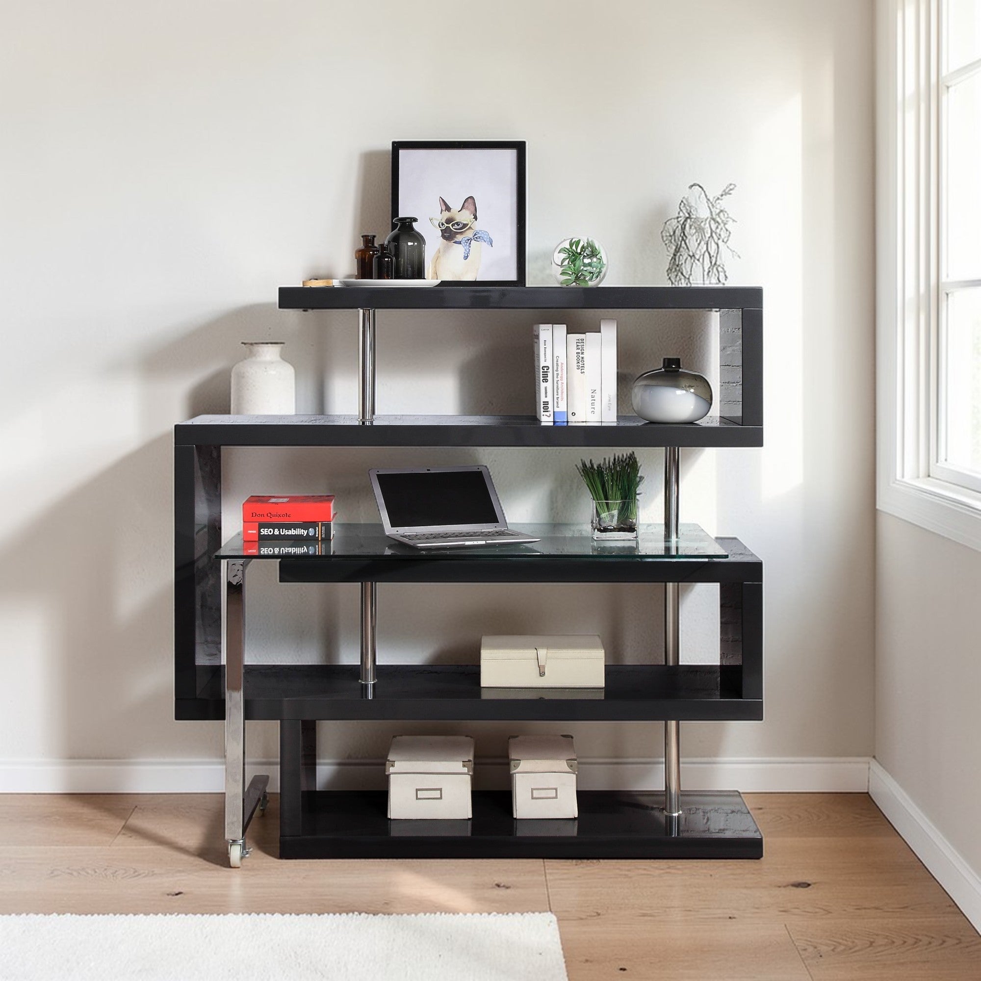 Buck II Clear Glass, Chrome & Black High Gloss Finish Writing Desk W/Bookshelf - Grand Goldman