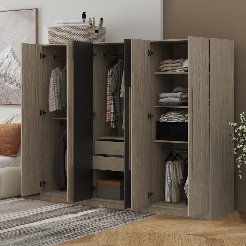 6-Doors Wooden Wardrobe Storage for Bedroom,with 2 Drawers Inside,Black+Nature - Grand Goldman Shop
