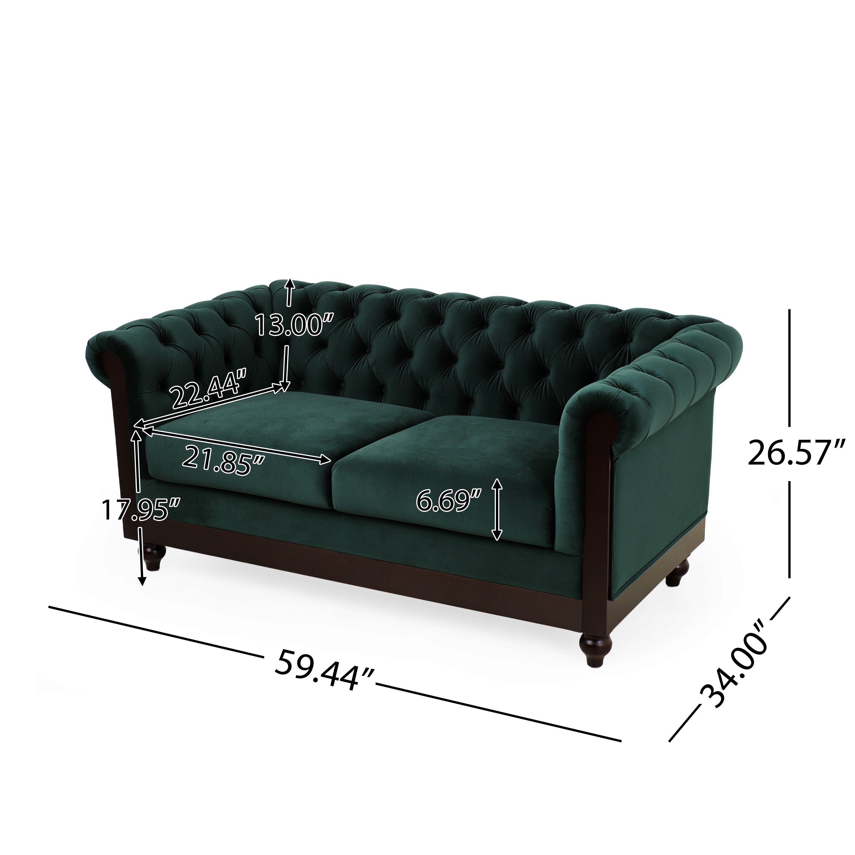 VIVALUX Chesterfield Velvet Loveseat Sofa 2-Person Rolled Arm Upholstered Couch Forest Green 59.44' - Grand Goldman Shop