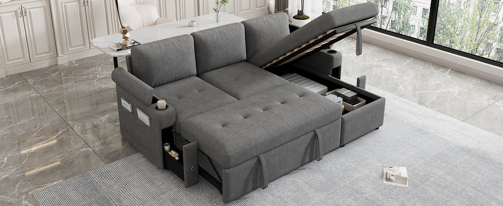 Modern L-shaped Convertible Sofa Bed with Storage, Cup Holders, USB Ports, Gray Chenille, 83.5' - Grand Goldman Shop