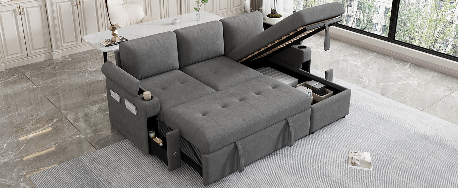 Modern L-shaped Convertible Sofa Bed with Storage, Cup Holders, USB Ports, Gray Chenille, 83.5' - Grand Goldman Shop
