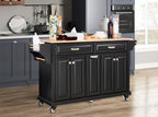 Kitchen Island with Rubber wood Countertop, Kitchen Cart on 5 Wheels with Storage Cabinet and 2 Top Drawers and A center double layered storage drawer for Dinning Room, Black - Grand Goldman Shop