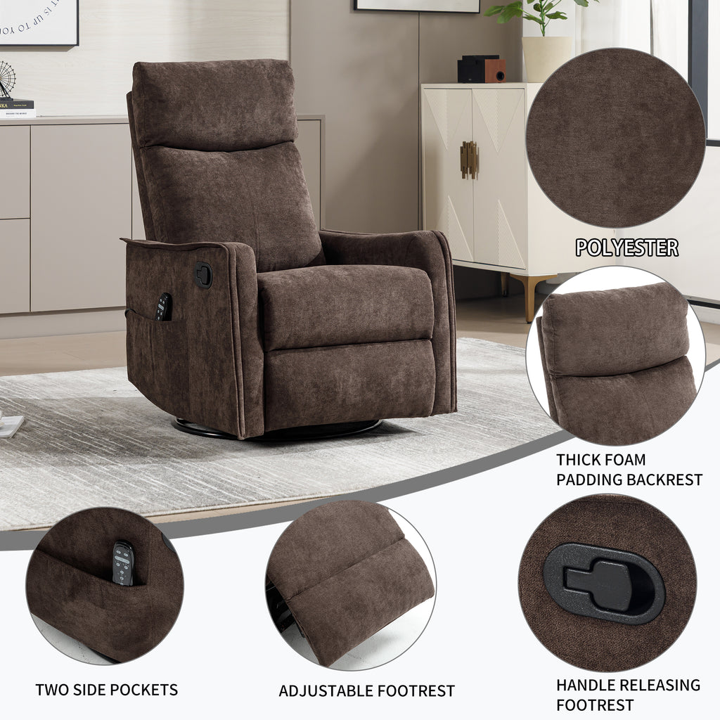 Heat Massage Manual Recliner Chair with Rocker and Swivel in Fabric for Living Room, Brown - Grand Goldman Shop