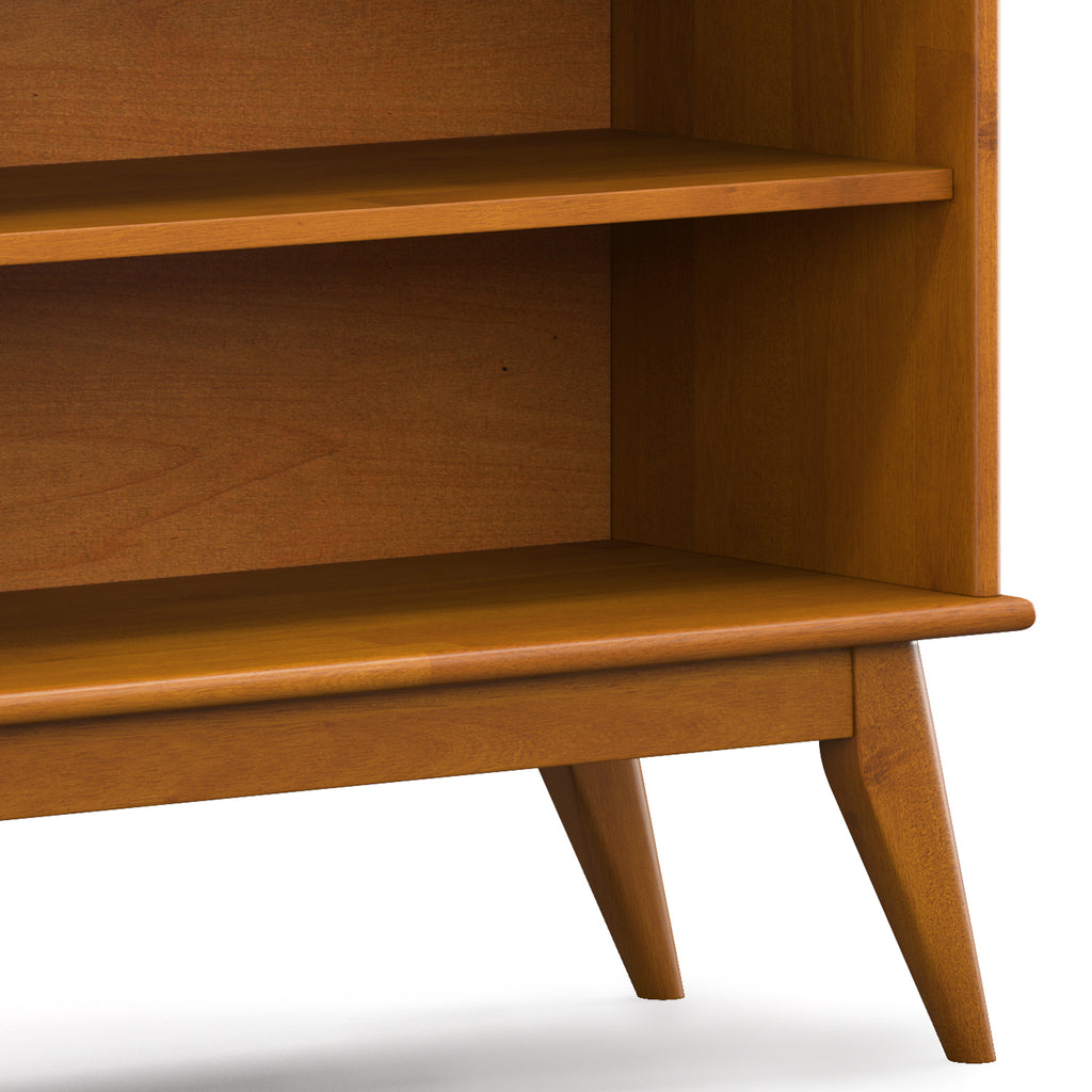 Draper Low Bookcase in Teak Brown: Mid-Century Modern Solid Wood Storage Unit with 4 Open Shelves, 14D x 64W x 30H - Grand Go