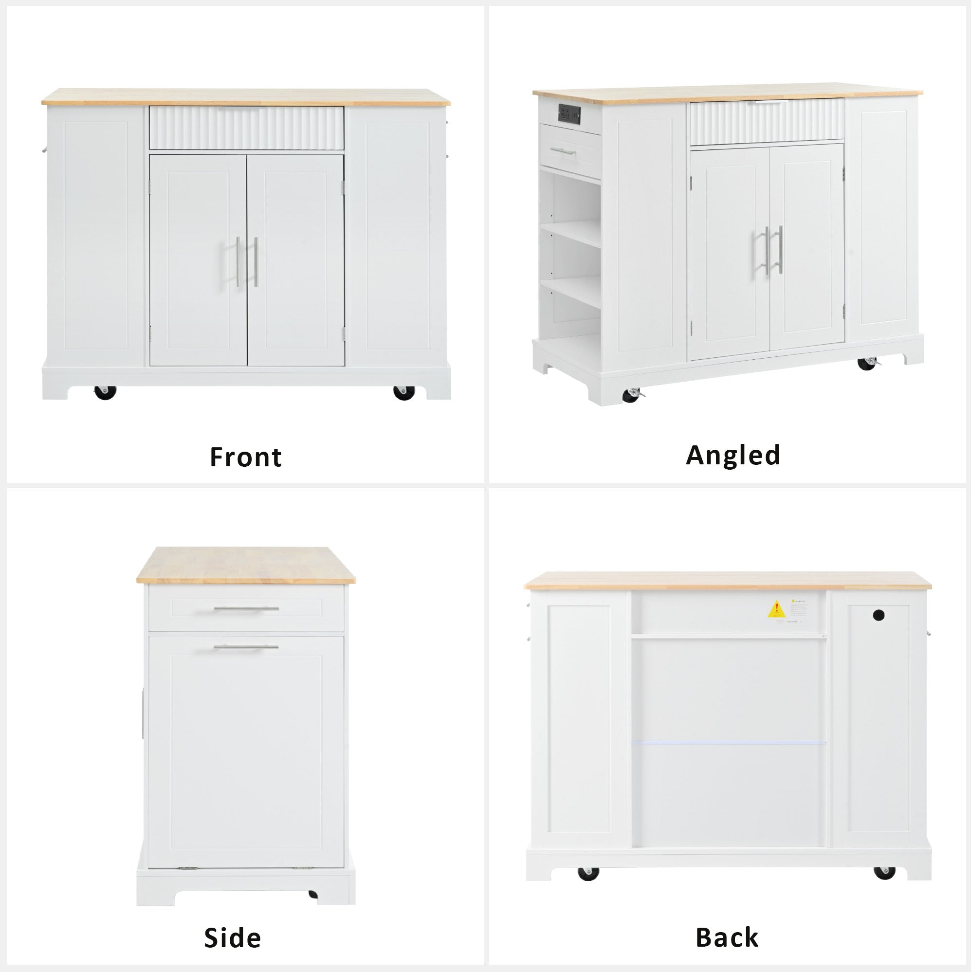 K&K Fluted Kitchen Island with Trash Can Storage Cabinet, Power Outlet, Internal Storage Rack, Rolling Kitchen Islands on 5 Wheels with 3 Drawer, 3 Open Side Racks for 10 Gallon Garbage Bin, White - Grand Goldman Shop