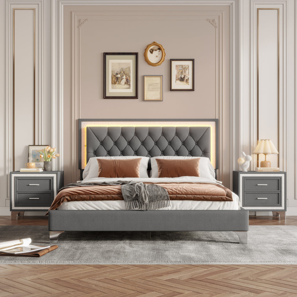 3-Pieces Bedroom Sets,Queen Size Upholstered Platform Bed with LED Lights and Two Nightstands-Gray - Grand Goldman Shop