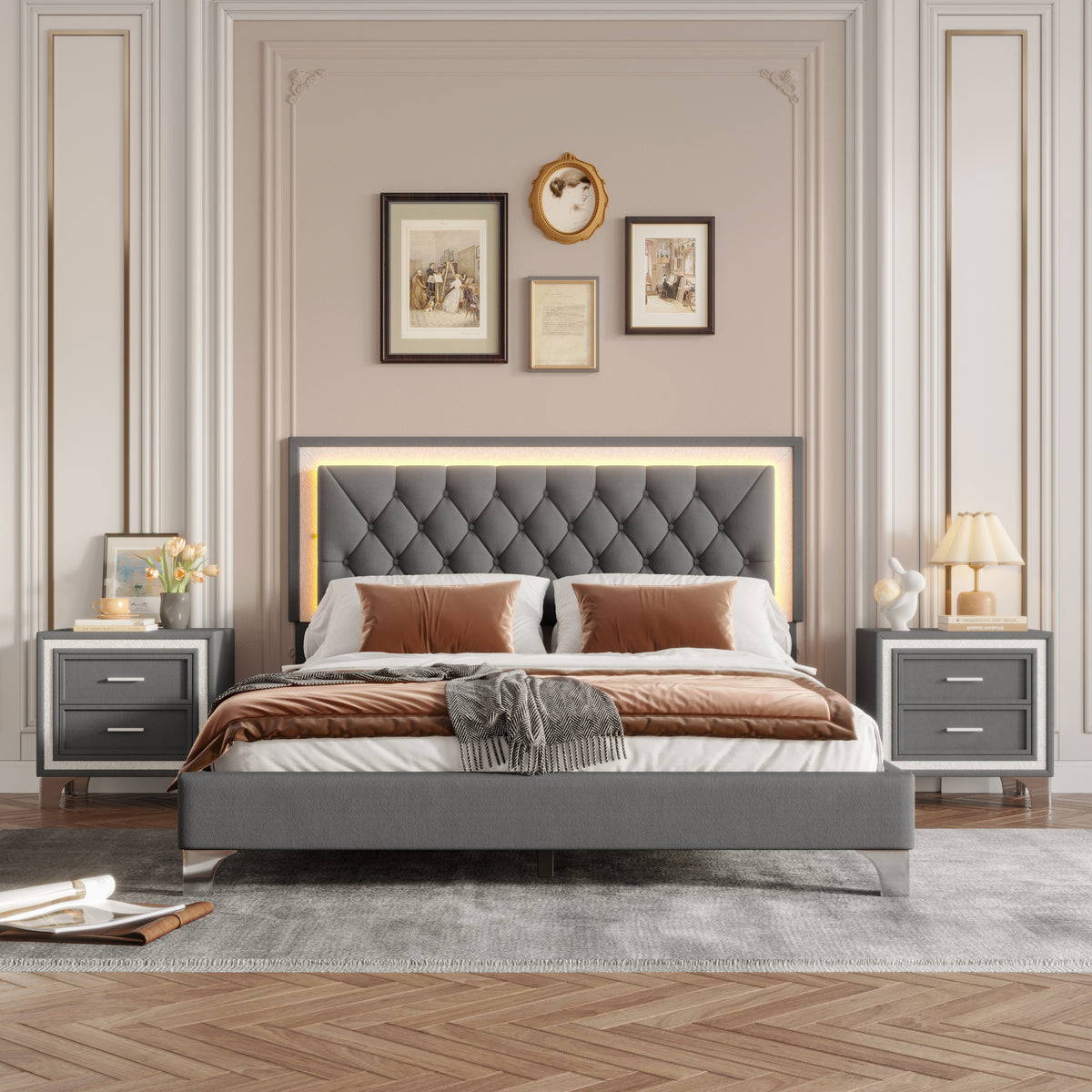 3-Pieces Bedroom Sets,Queen Size Upholstered Platform Bed with LED Lights and Two Nightstands-Gray - Grand Goldman Shop
