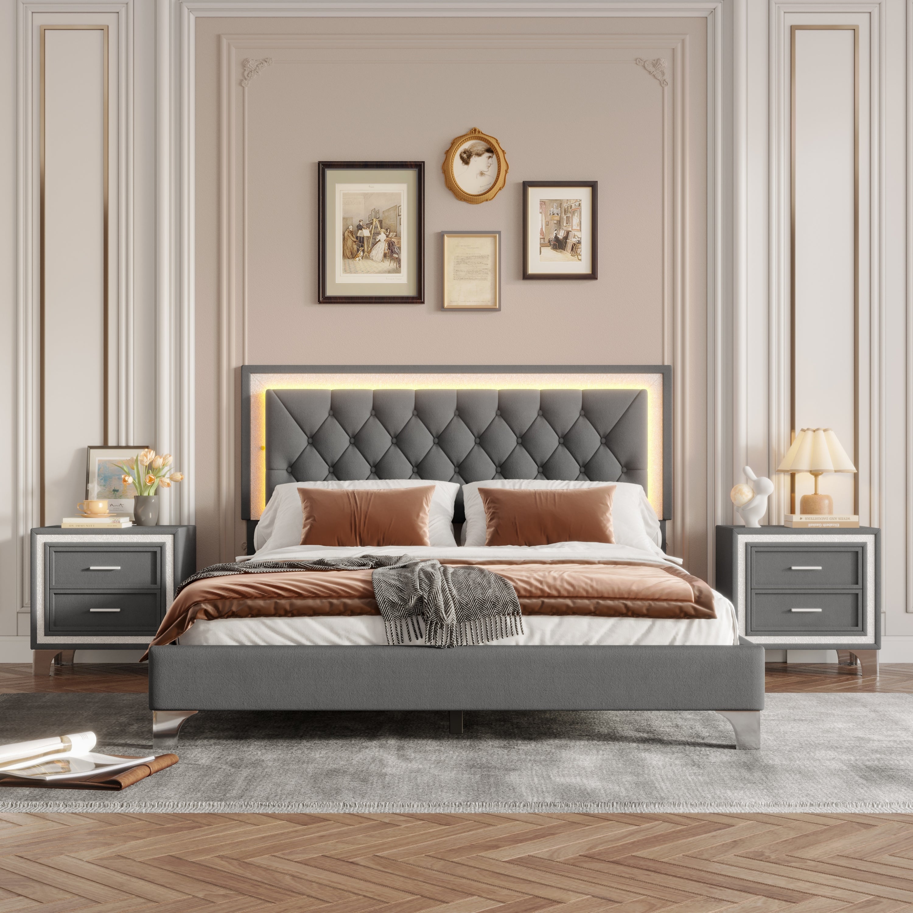 3-Pieces Bedroom Sets,Queen Size Upholstered Platform Bed with LED Lights and Two Nightstands-Gray - Grand Goldman Shop