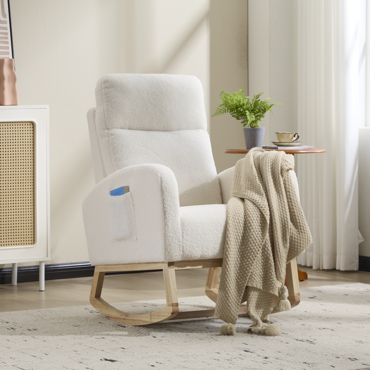 Modern Accent Rocking Chair Rocking Chair with Solid Wood Legs, Upholstered Nursery Glider Rocker, Comfy Armchair with Side Pocket, Living Room Lounge Arm Chair with High Backrest (white,teddy) - Grand Goldman Shop